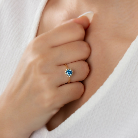 Round Blue Topaz Ring with Real Diamond Around 14K Solid Gold, December Birthstone