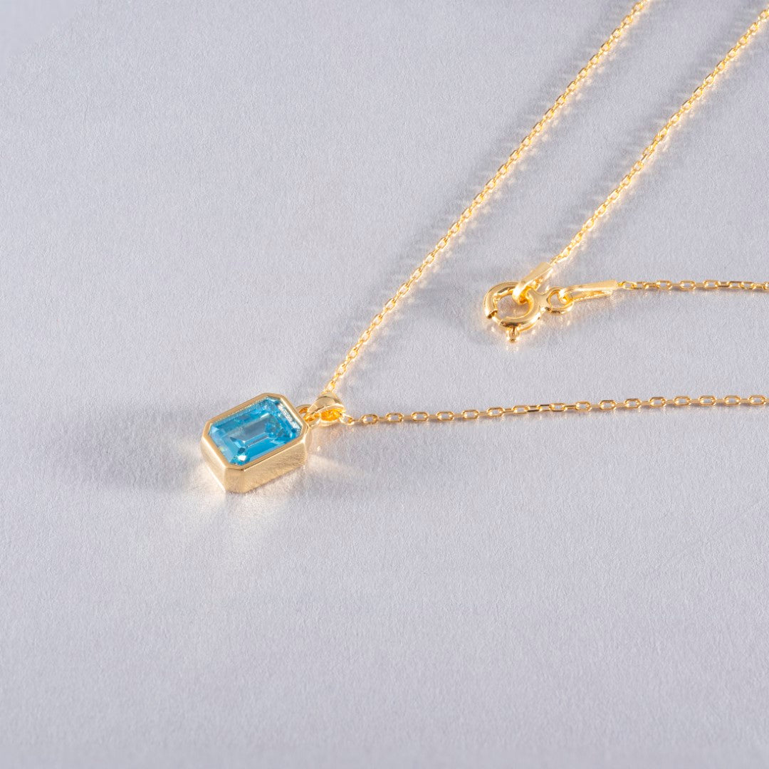 Blue Topaz Rectangle Bezel Necklace 14K Solid Gold, December Birthstone Pendant Queen Jewelry Necklace