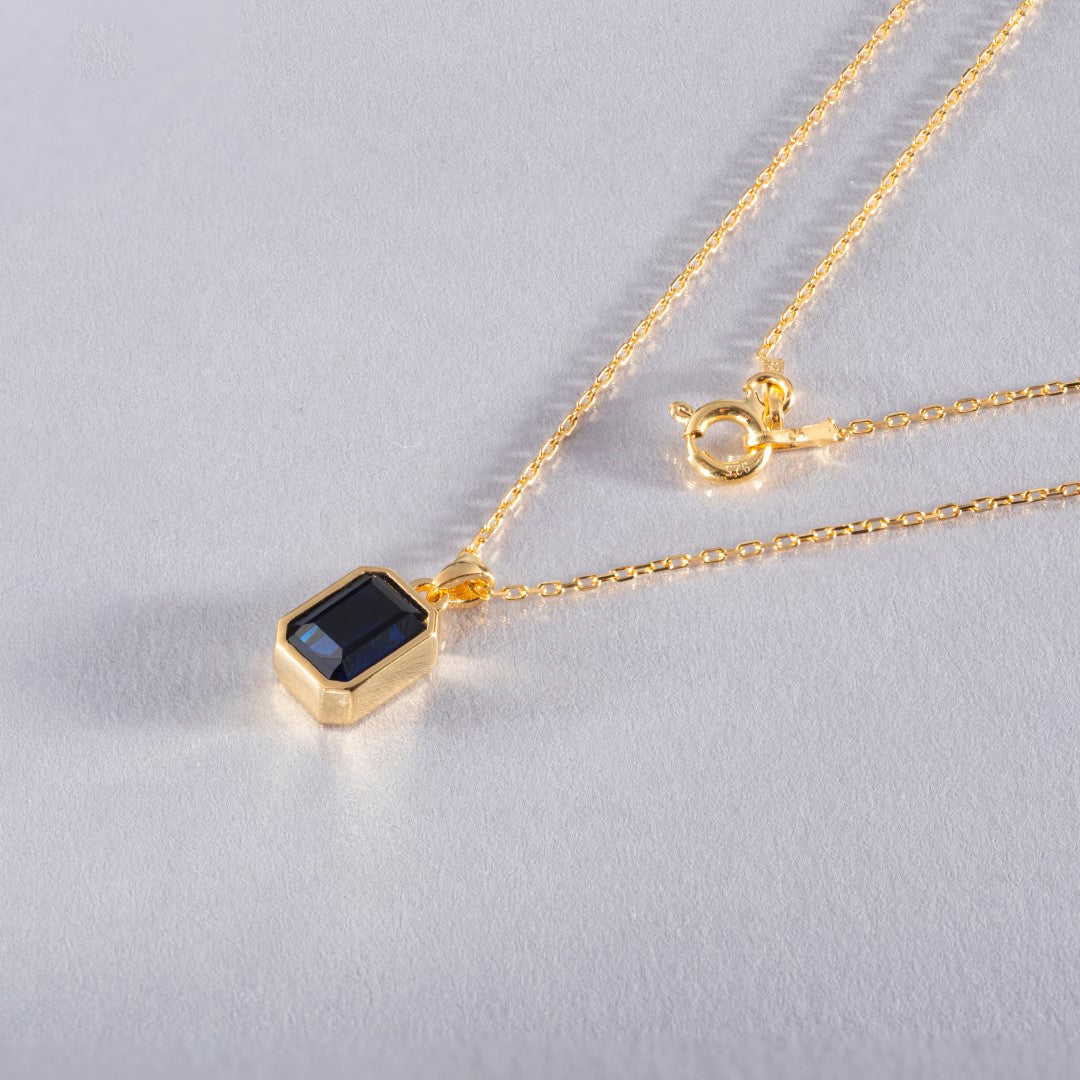 Sapphire Rectangle Bezel Necklace 14K Solid Gold, September Birthstone Pendant Queen Jewelry Necklace