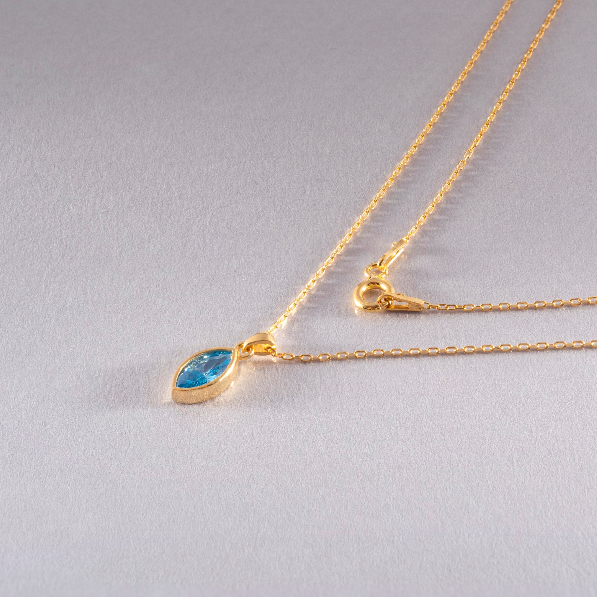 Marquise Cut Blue Topaz Bezel Necklace 14K Solid Gold, December Birthstone Pendant Queen Jewelry Necklace