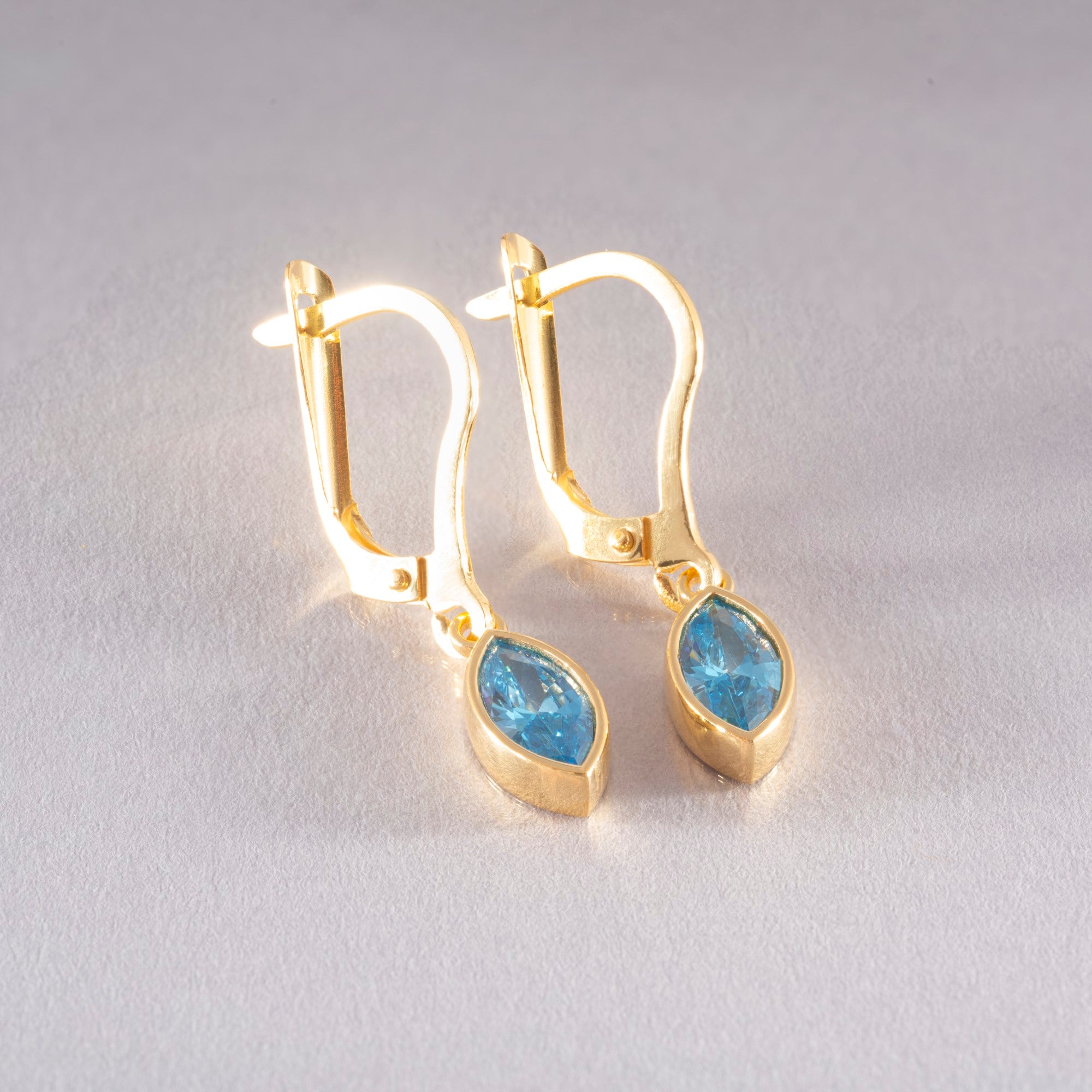 Blue Topaz Dangle Earrings Bezel Marquise Cut in 14K Solid Gold, December Birthstone Jewelry Queen Jewelry Earrings