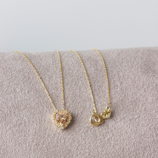 Citrine Heart Necklace with Real Diamond, 8K/10K/14K Solid Gold, November Birthstone