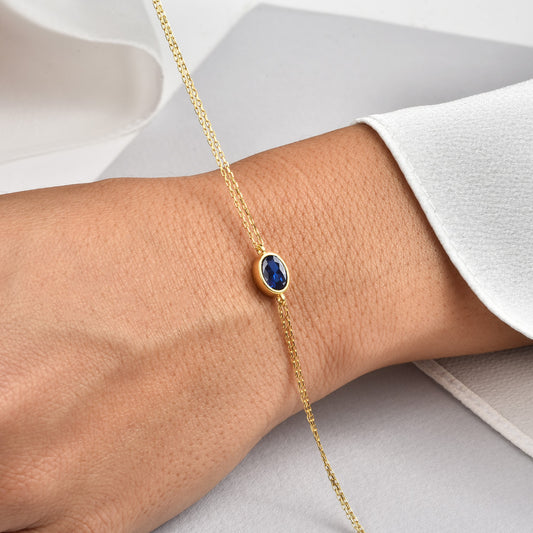 Oval Sapphire Bezel Bracelet in 14K Solid Gold, September Birthstone Queen Jewelry Bracelet