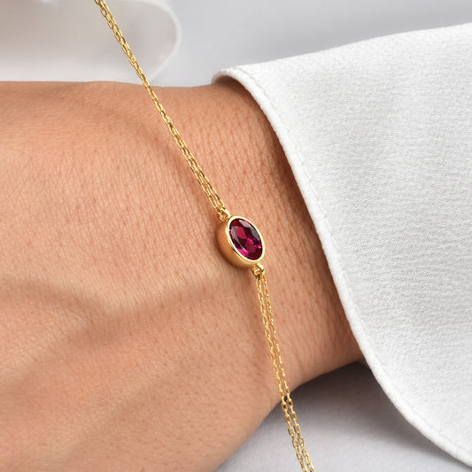 Oval Ruby Bezel Bracelet in 14K Solid Gold, July Birthstone Queen Jewelry Bracelet