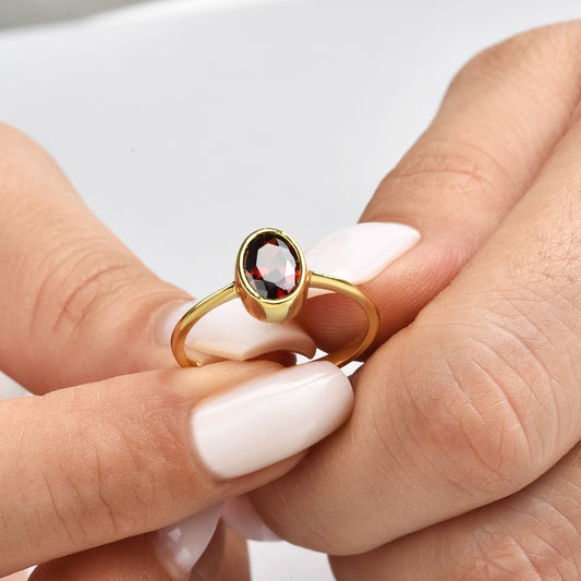 Oval Garnet Bezel Ring in 14K Solid Gold, January Birthstone Queen Jewelry Rings