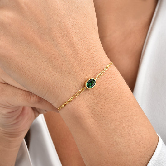 Oval Emerald Bezel Bracelet in 14K Solid Gold, May Birthstone Queen Jewelry Bracelet