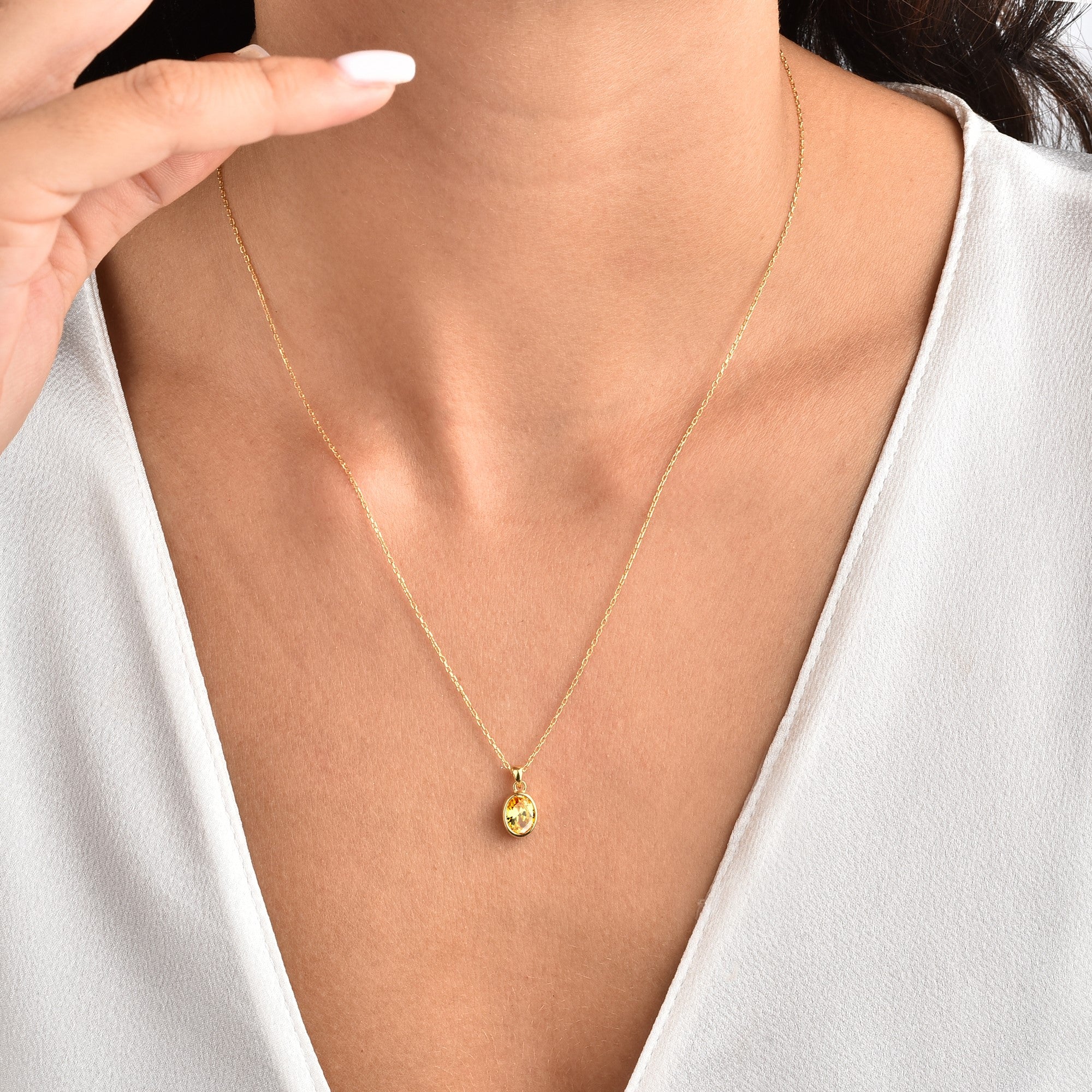 Oval Yellow Topaz Bezel Necklace 14K Solid Gold, Birthstone Charm Pendant Queen Jewelry Necklace