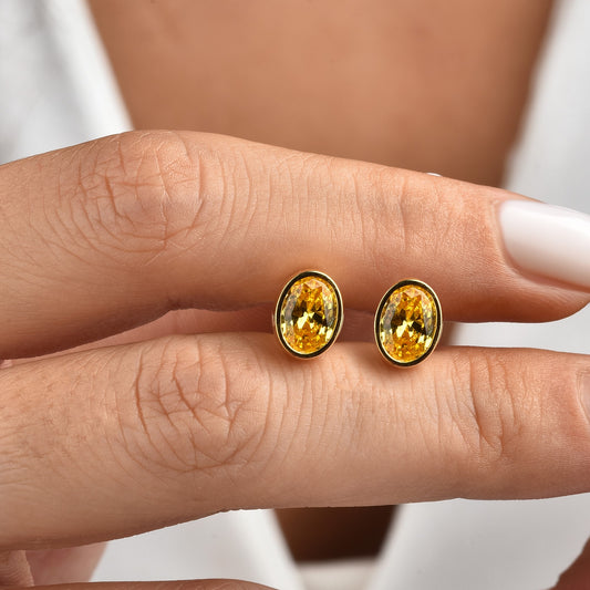 Oval Yellow Topaz Bezel Stud Earrings in 14K Solid Gold, Birthstone Jewelry Queen Jewelry Earrings