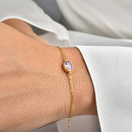 Oval Alexandrite Bezel Bracelet in 14K Solid Gold, June Birthstone Queen Jewelry Bracelet