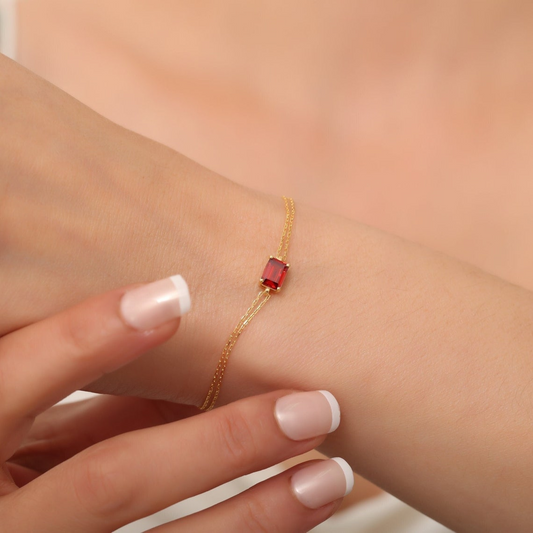 Rectangle Garnet Bracelet 8K/10K/14K Solid Gold, Dainty Gold Baguette January Birthstone