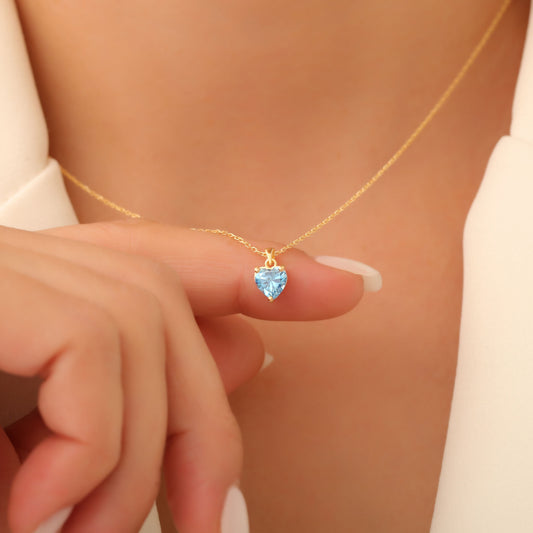 Blue Topaz Heart Necklace in 14K Solid Gold | December Birthstone Pendant Queen Jewelry Necklace