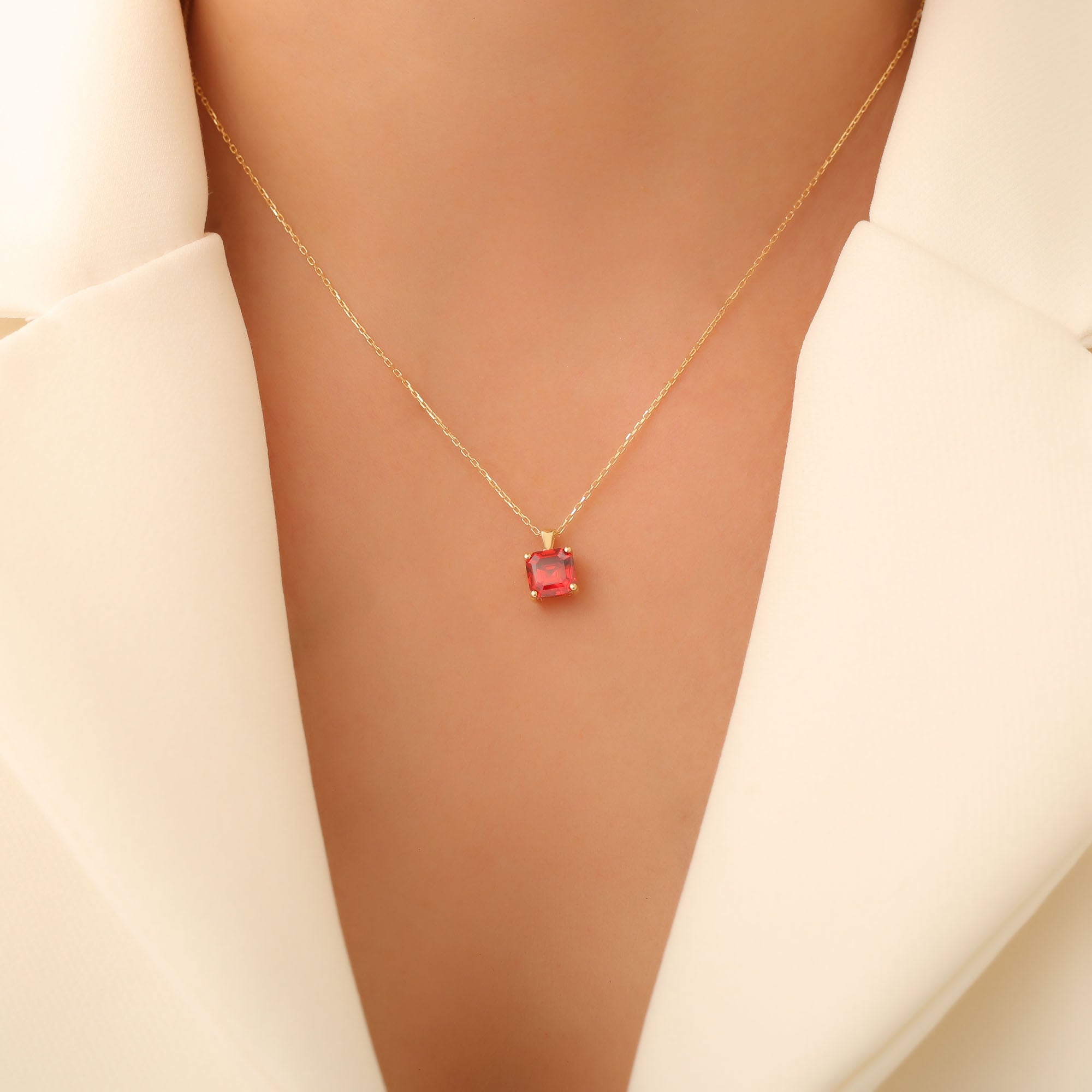 Garnet Square Necklace in 14K Solid Gold | January Birthstone Pendant Queen Jewelry Necklace
