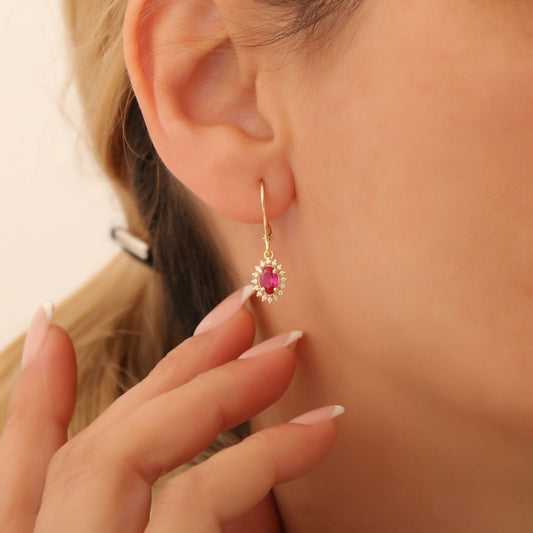 Oval Cut Ruby Dangling Earring Surrounded by Real Diamonds, 8K/10K/14K Solid Gold, July Birthstone