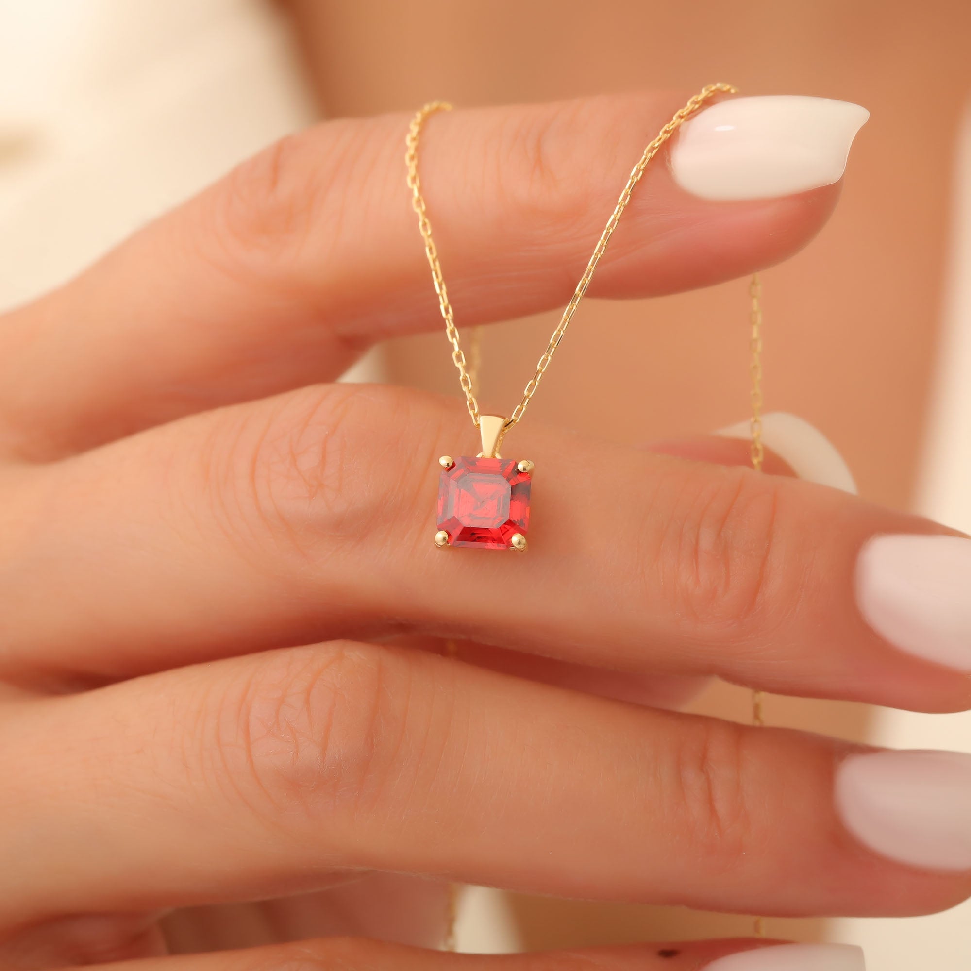 Garnet Square Necklace in 14K Solid Gold | January Birthstone Pendant Queen Jewelry Necklace