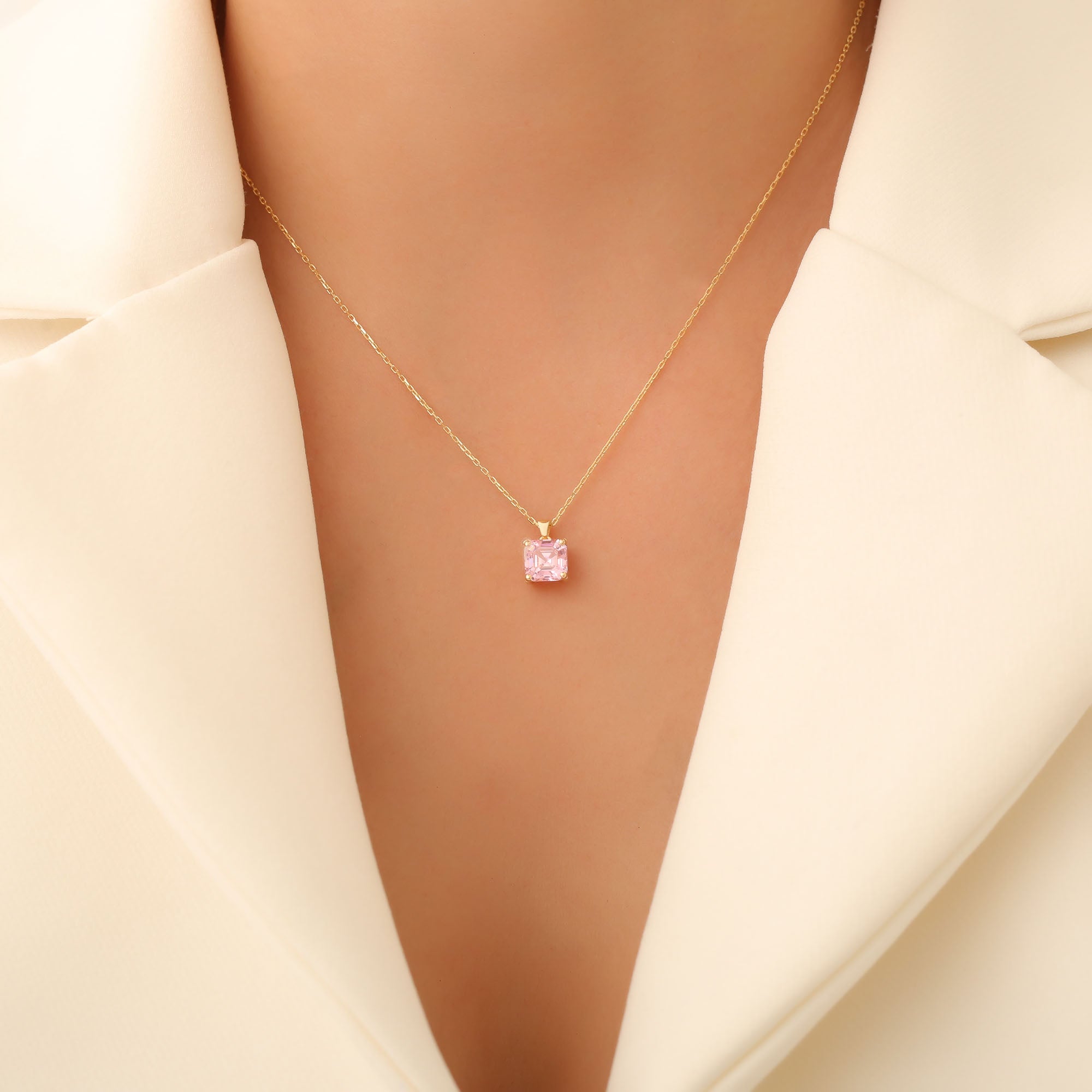 Pink Tourmaline Square Necklace in 14K Solid Gold | October Birthstone Pendant Queen Jewelry Necklace