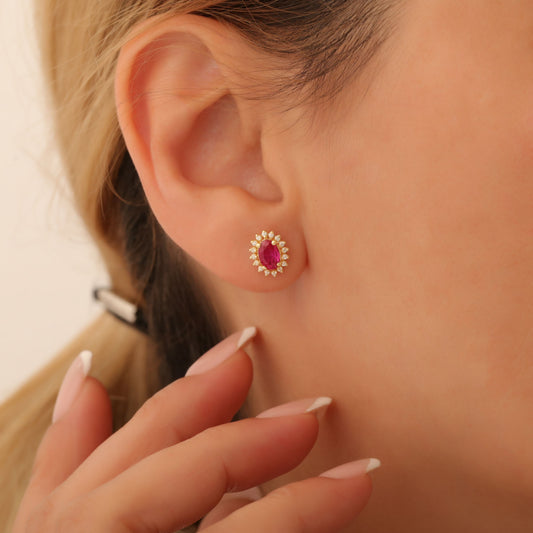 Oval Cut Ruby Stud Earring Surrounded by Real Diamonds, 10K/14K Solid Gold, July Birthstone