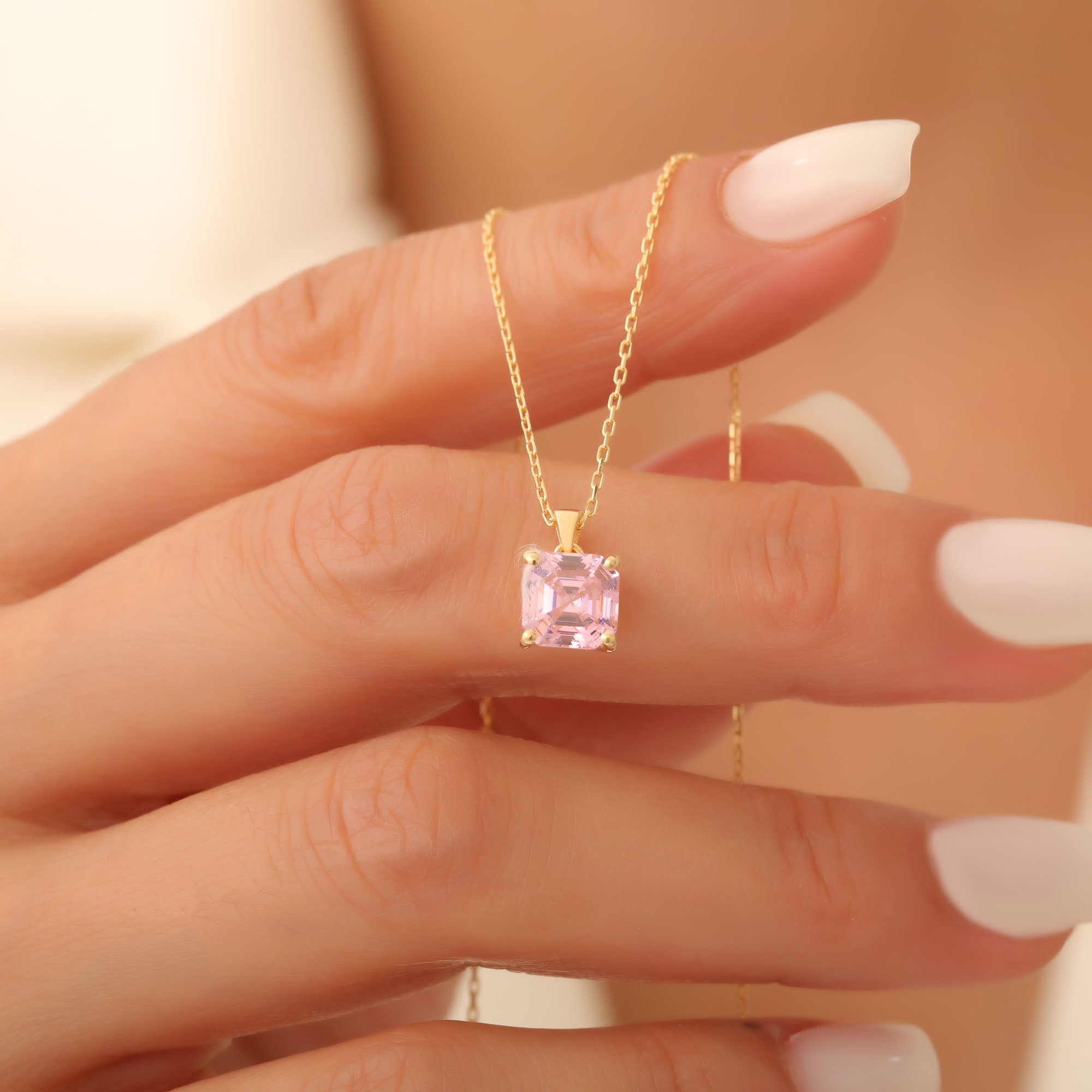 Pink Tourmaline Square Necklace in 14K Solid Gold | October Birthstone Pendant Queen Jewelry Necklace