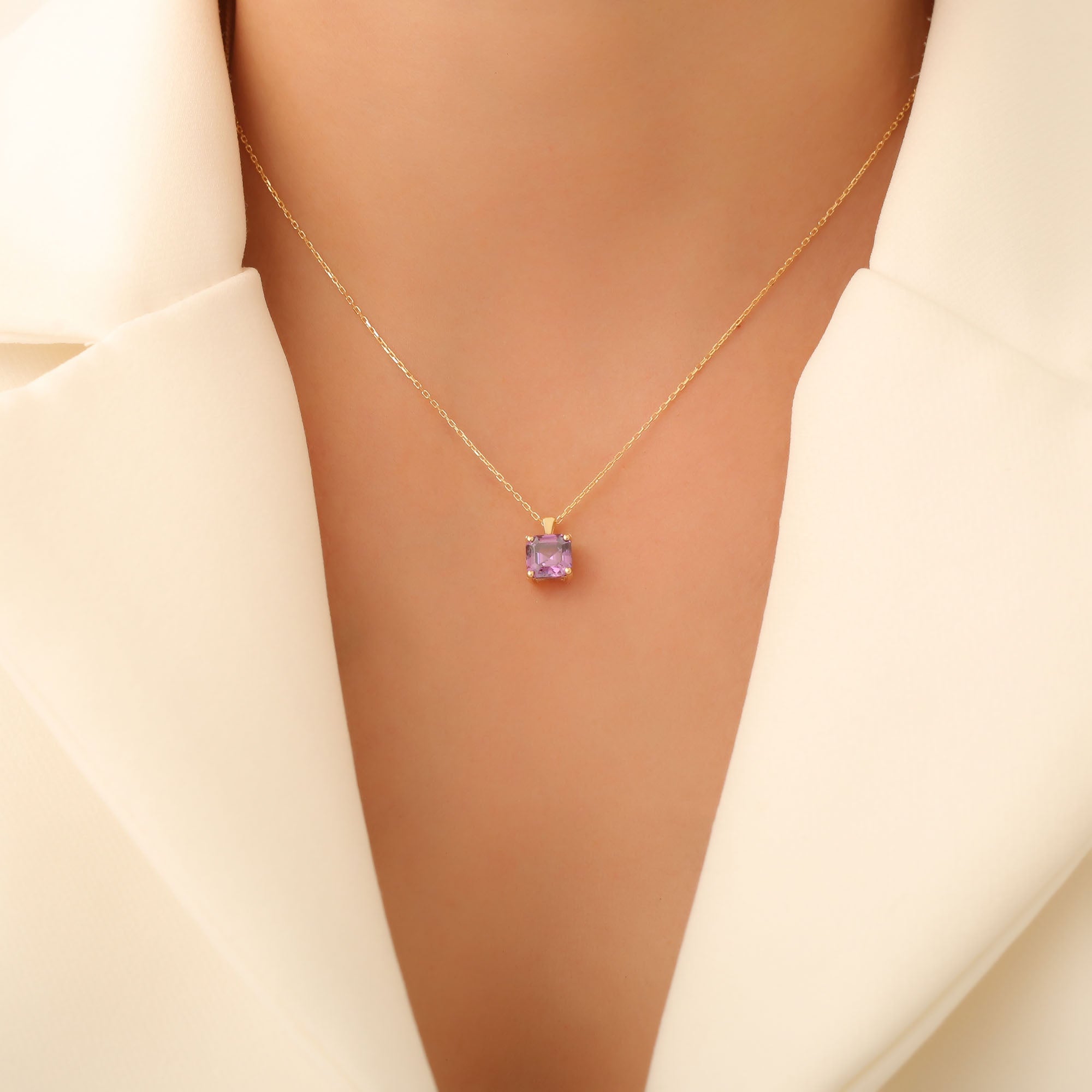 Amethyst Square Necklace in 14K Solid Gold | February Birthstone Pendant Queen Jewelry Necklace
