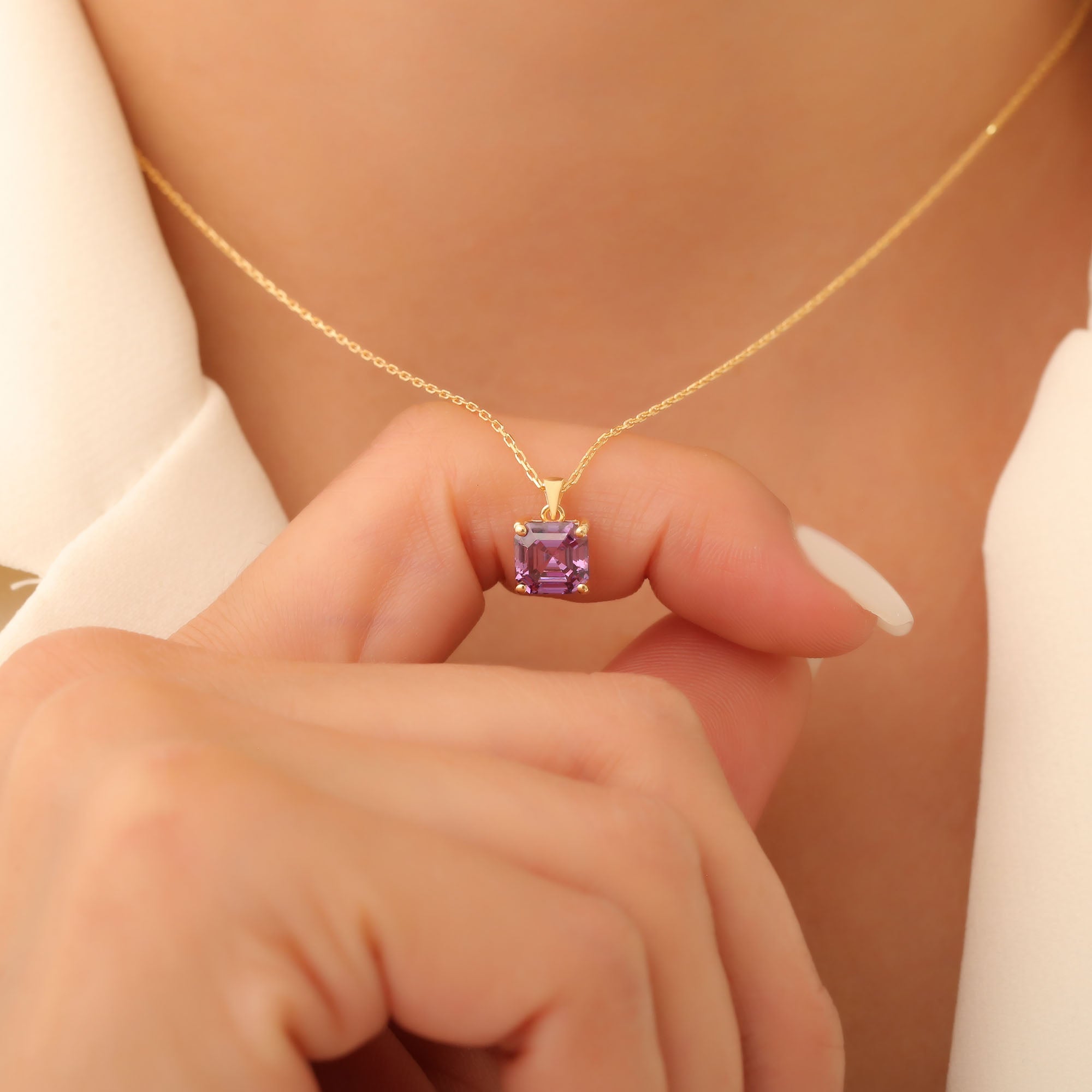 Amethyst Square Necklace in 14K Solid Gold | February Birthstone Pendant Queen Jewelry Necklace