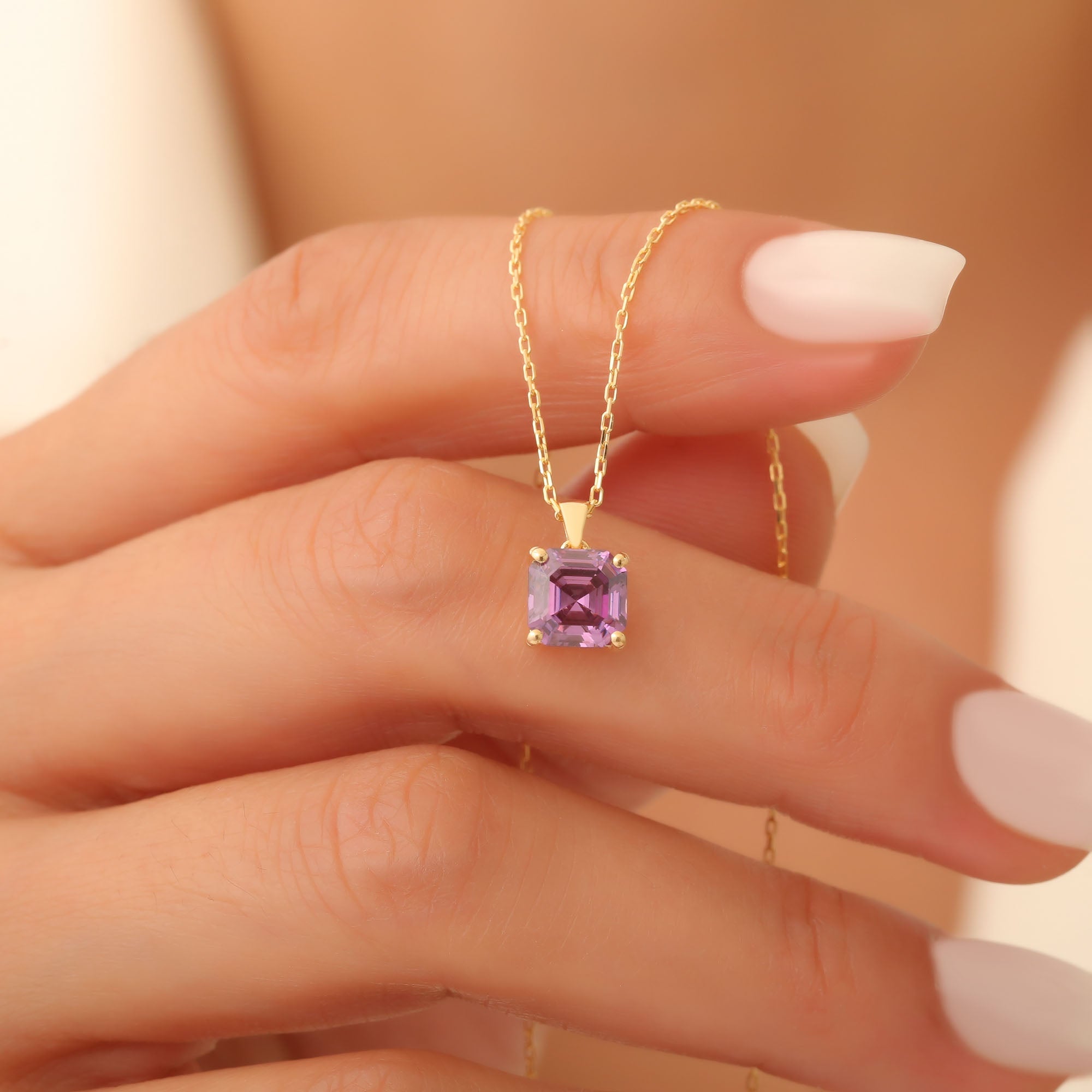 Amethyst Square Necklace in 14K Solid Gold | February Birthstone Pendant Queen Jewelry Necklace