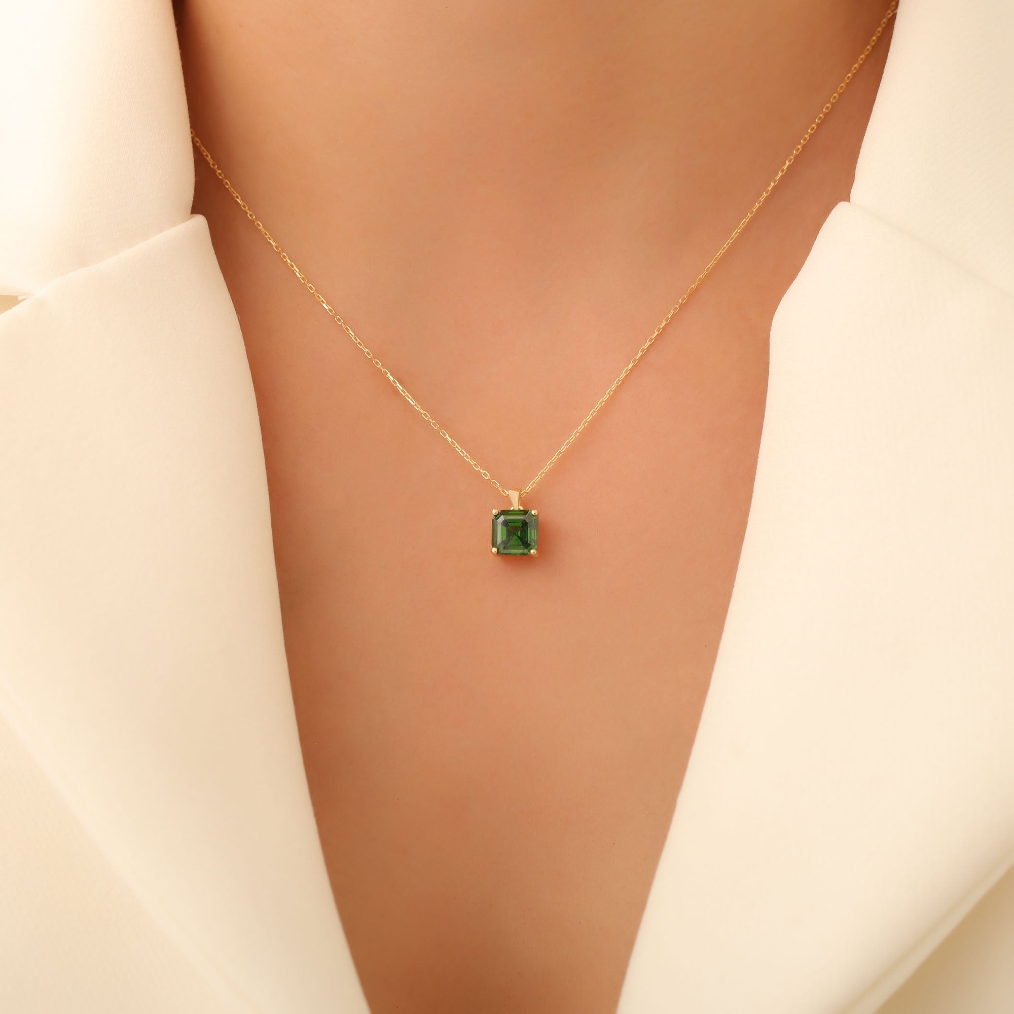 Emerald Square Necklace in 14K Solid Gold | May Birthstone Pendant Queen Jewelry Necklace