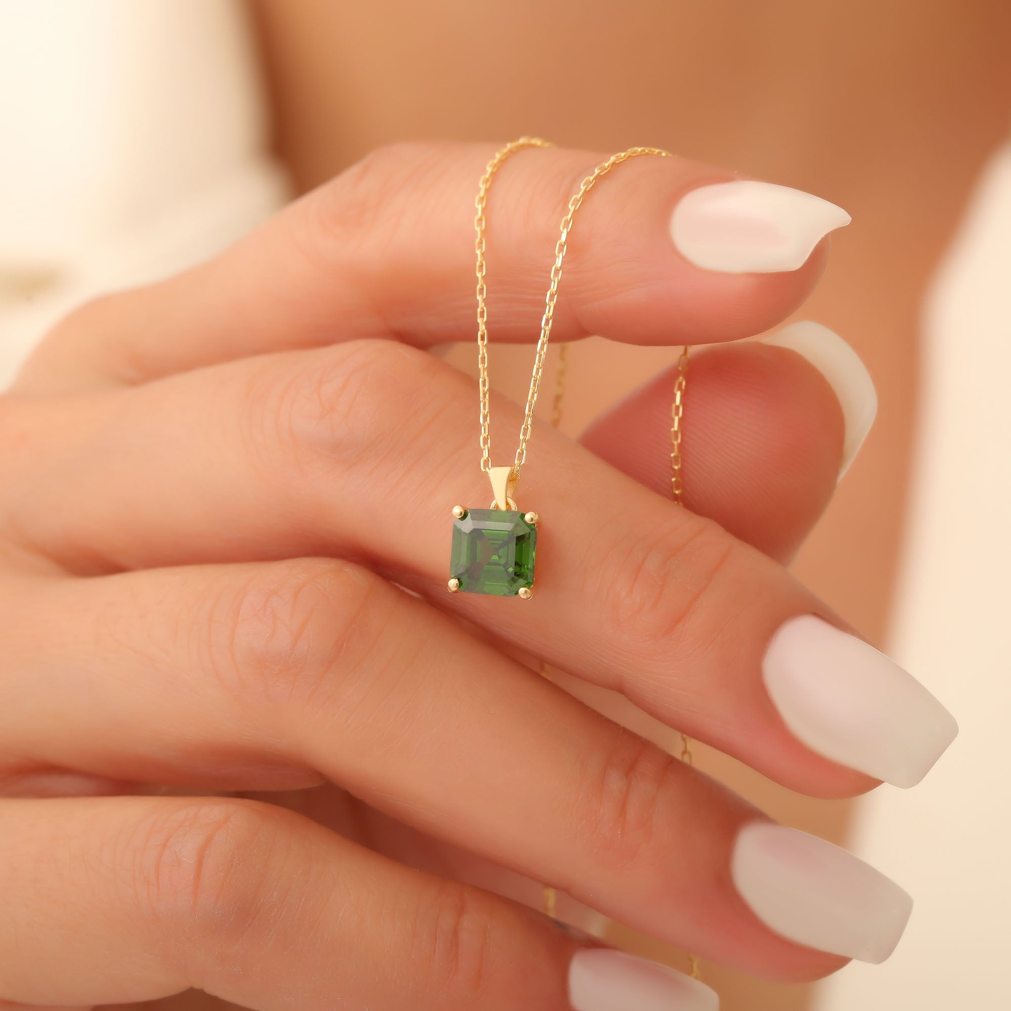 Emerald Square Necklace in 14K Solid Gold | May Birthstone Pendant Queen Jewelry Necklace