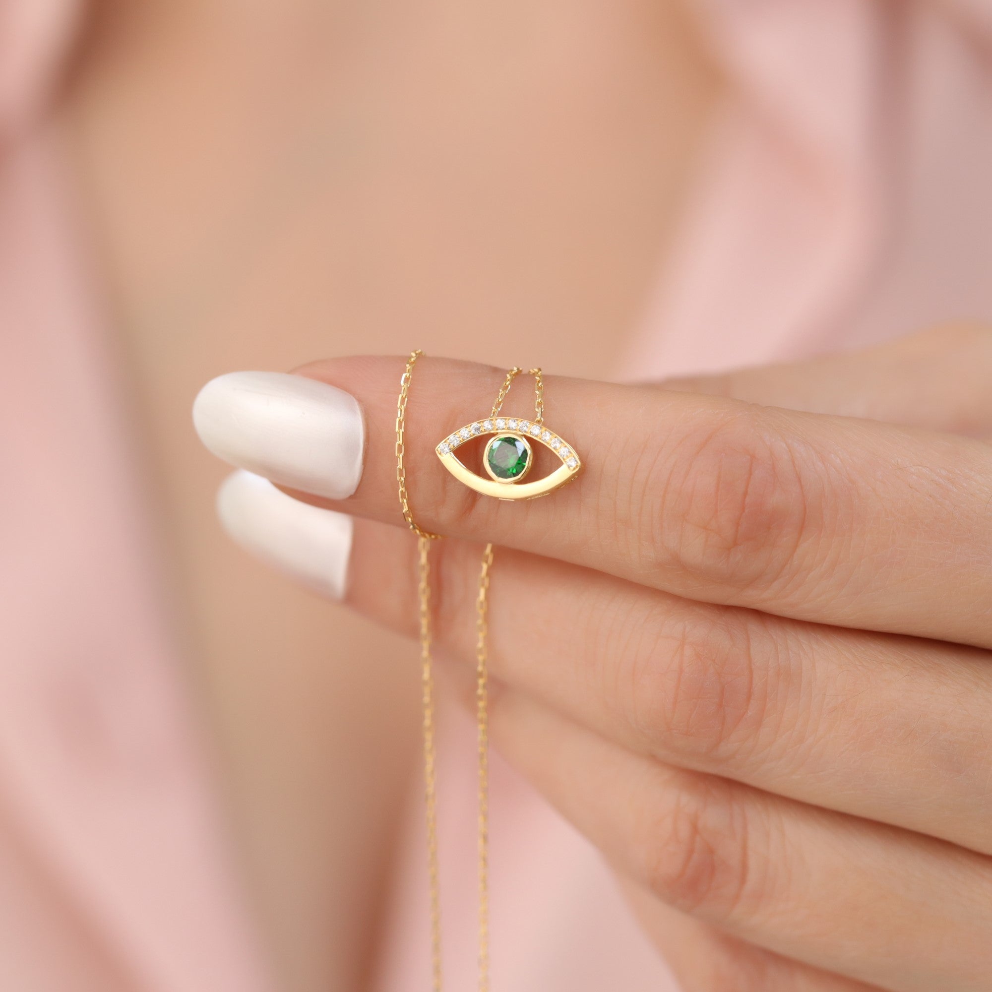 Green Eye Necklace in 14K Solid Gold with Real Diamonds, Emerald Birthstone Jewelry Queen Jewelry Necklace