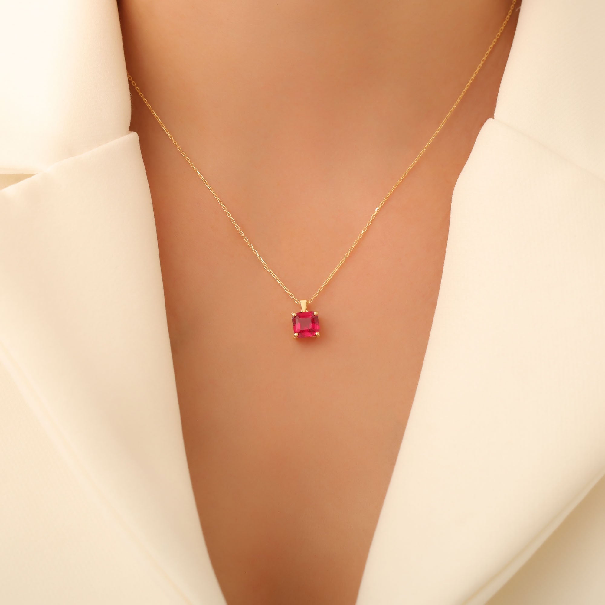 Ruby Square Necklace in 14K Solid Gold | July Birthstone Pendant Queen Jewelry Necklace