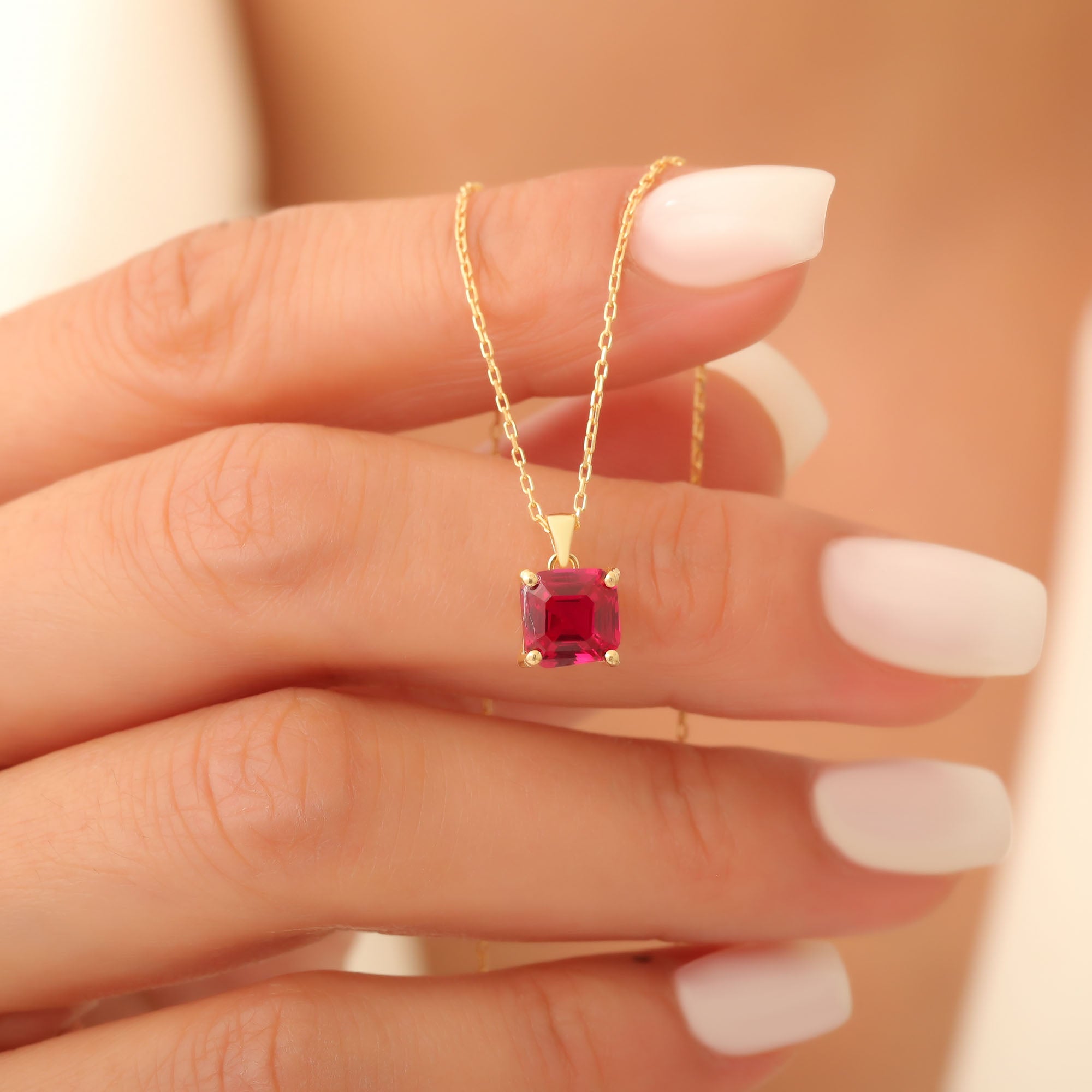 Ruby Square Necklace in 14K Solid Gold | July Birthstone Pendant Queen Jewelry Necklace