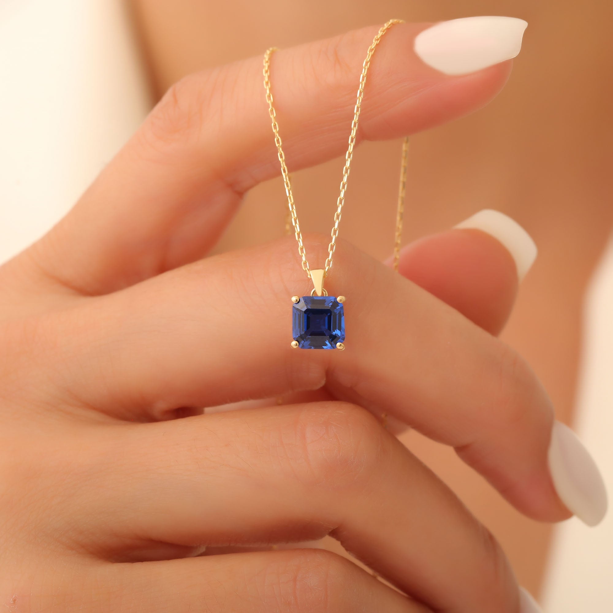 Sapphire Square Necklace in 14K Solid Gold | September Birthstone Pendant Queen Jewelry Necklace