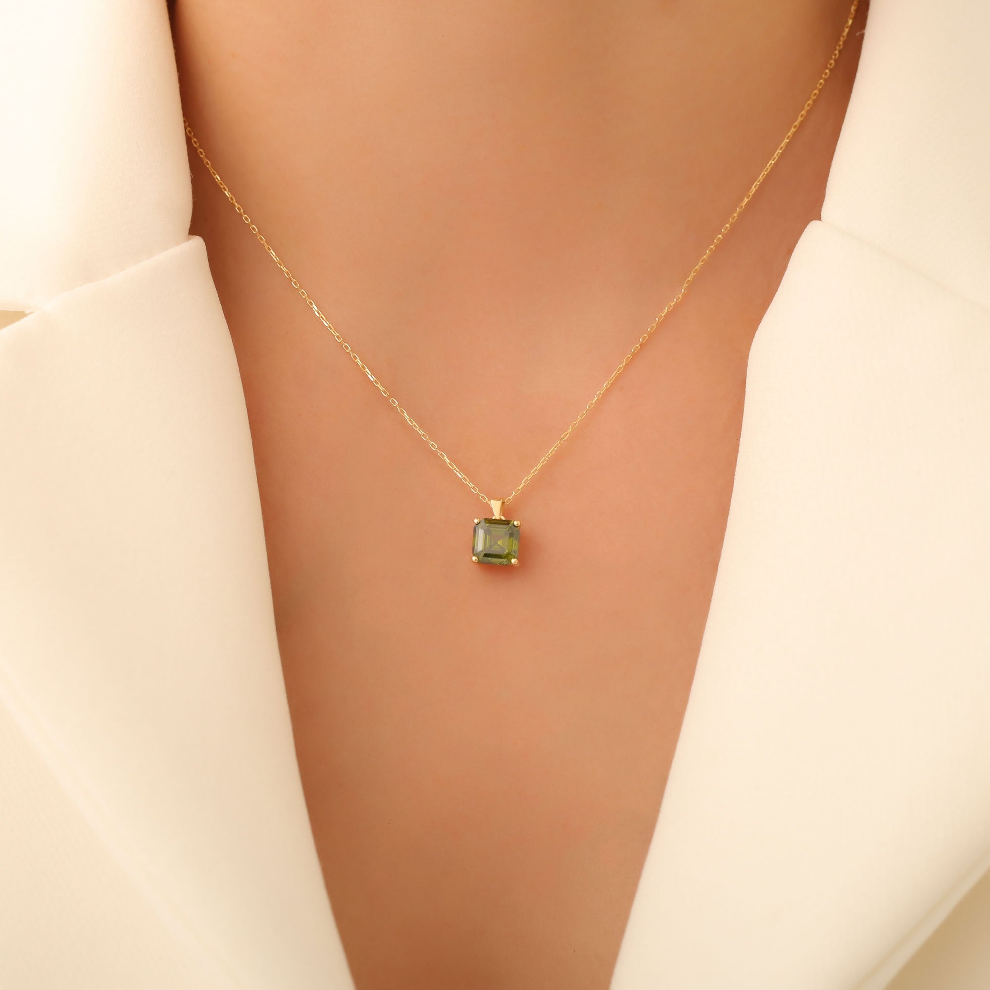Peridot Square Necklace in 14K Solid Gold | August Birthstone Pendant Queen Jewelry Necklace
