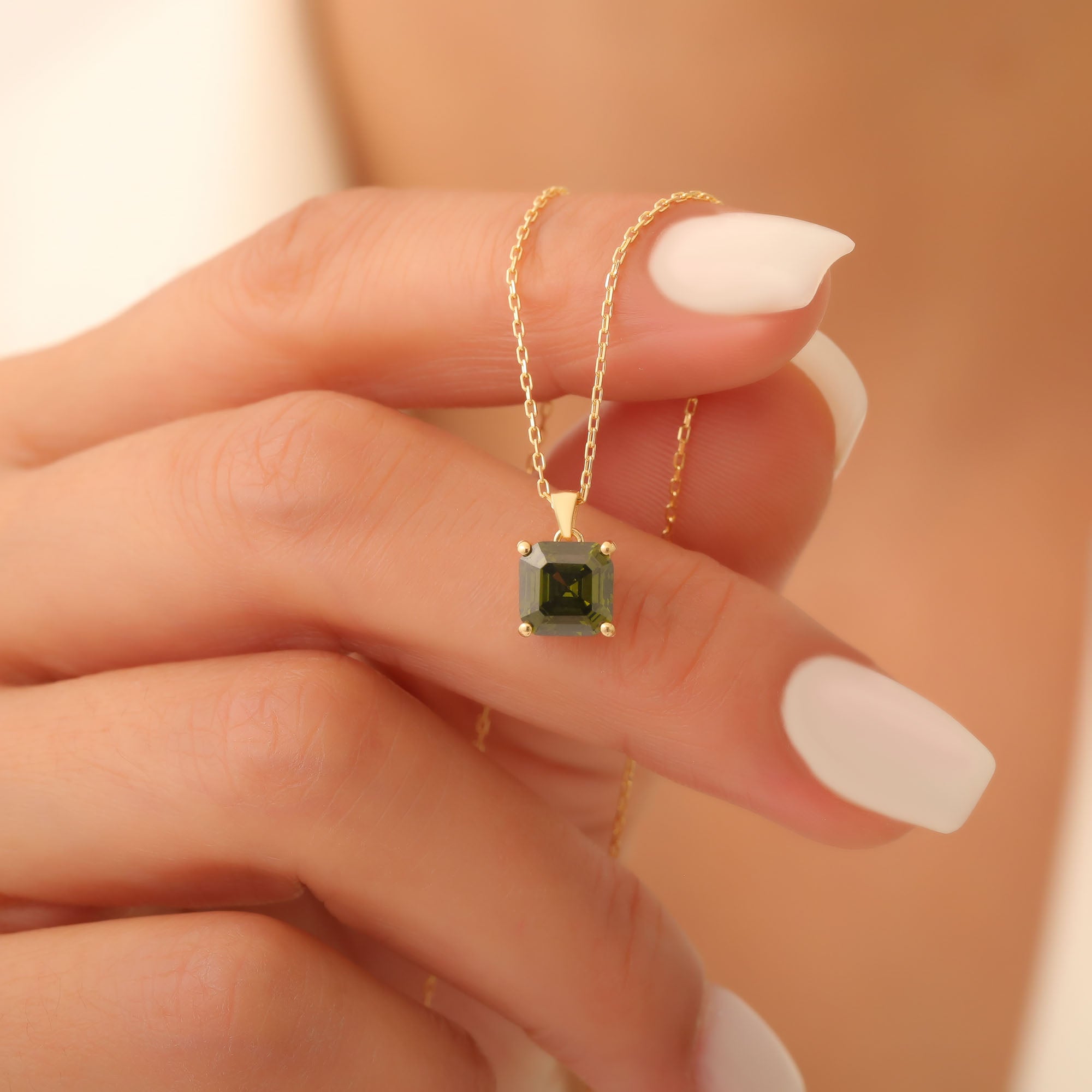 Peridot Square Necklace in 14K Solid Gold | August Birthstone Pendant Queen Jewelry Necklace