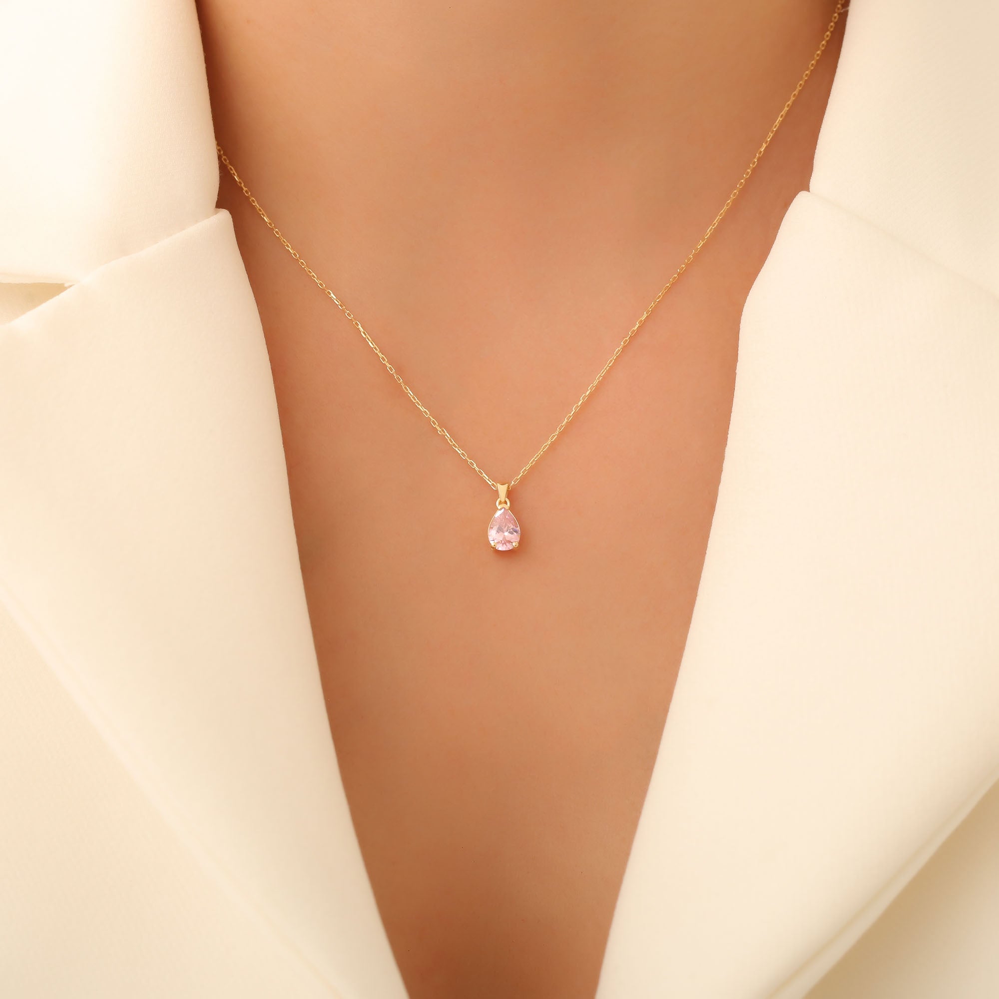 Drop Pink Tourmaline Necklace in 14K Solid Gold, October Birthstone Pendant Queen Jewelry Necklace