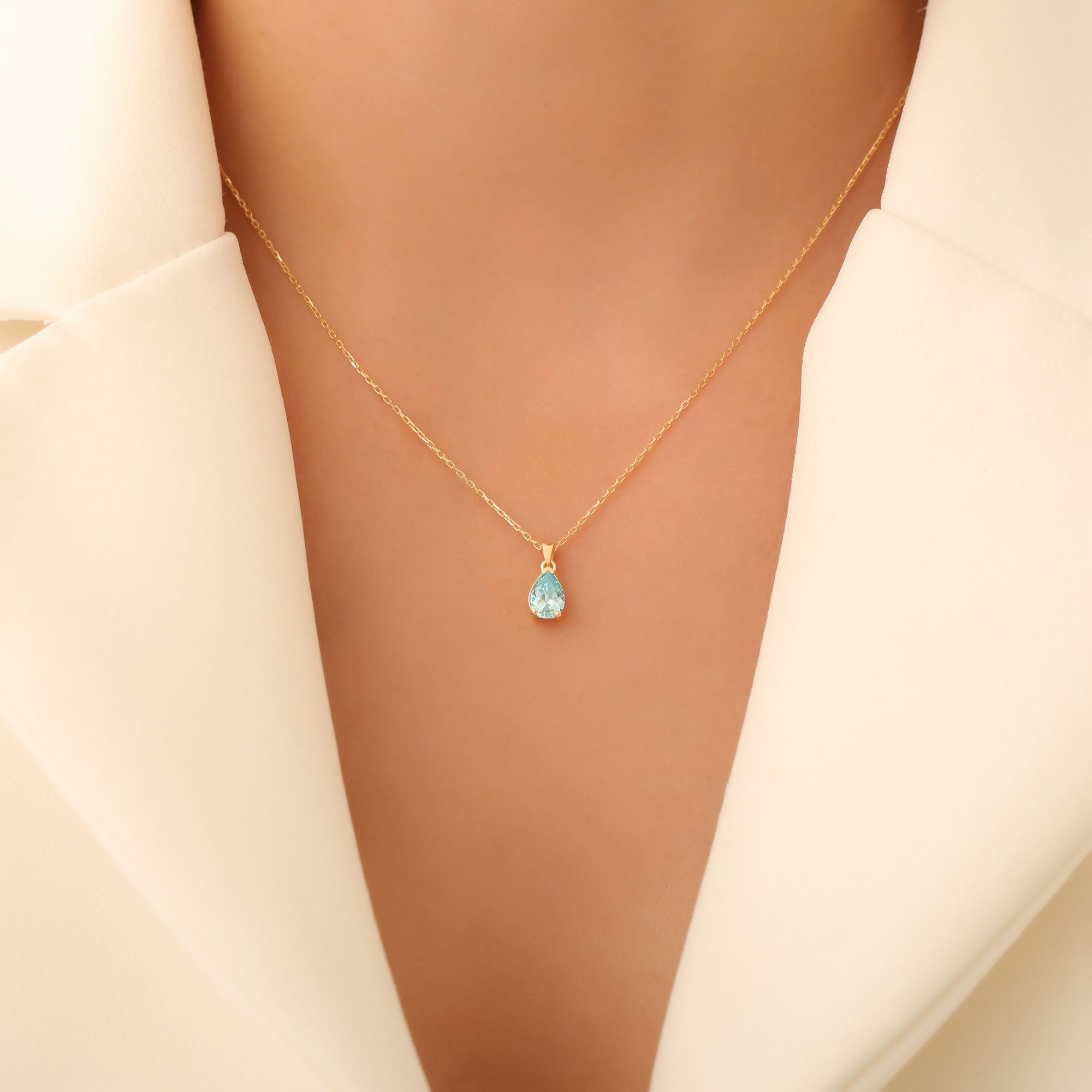 Drop Aquamarine Necklace in 14K Solid Gold, March Birthstone Pendant Queen Jewelry Necklace