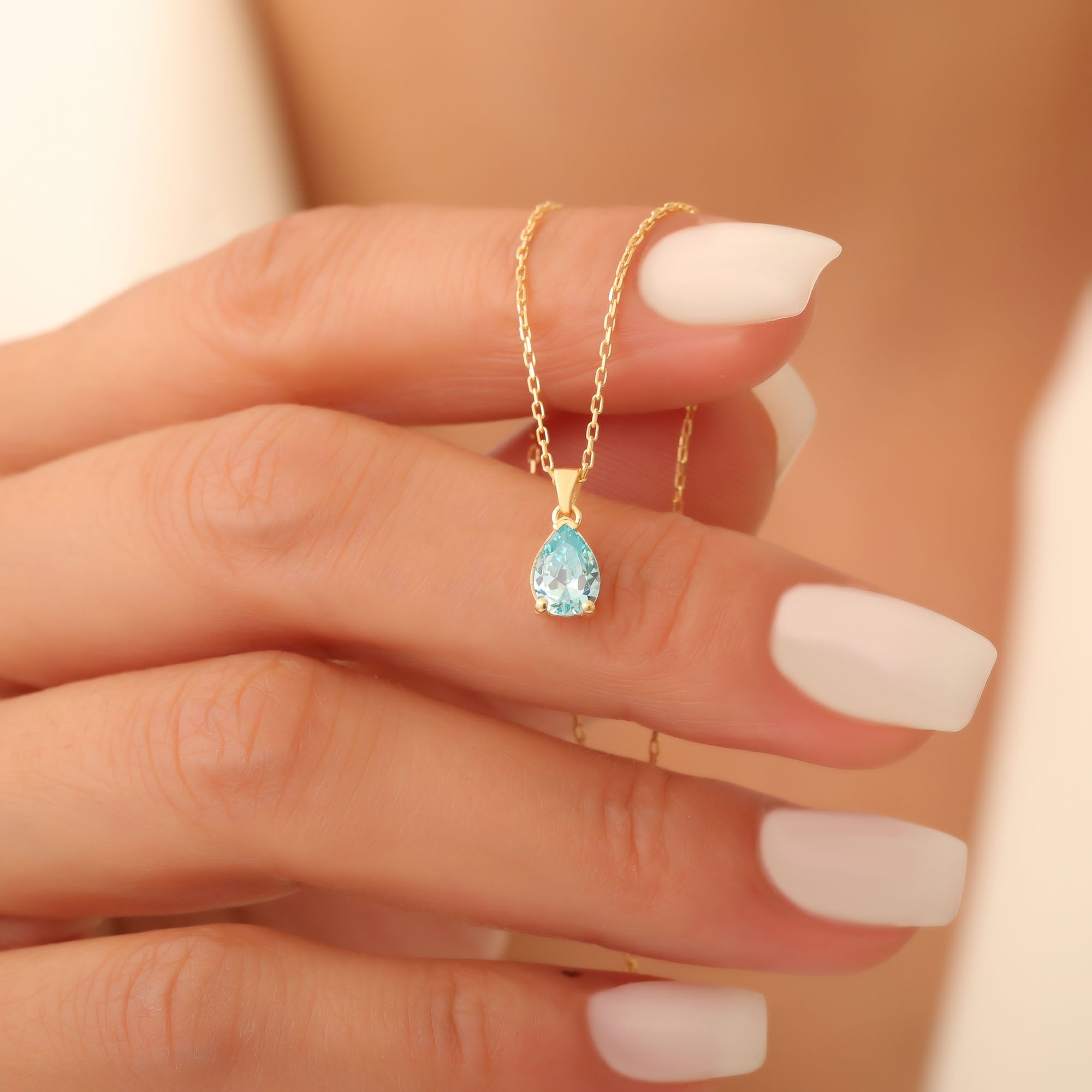 Drop Aquamarine Necklace in 14K Solid Gold, March Birthstone Pendant Queen Jewelry Necklace