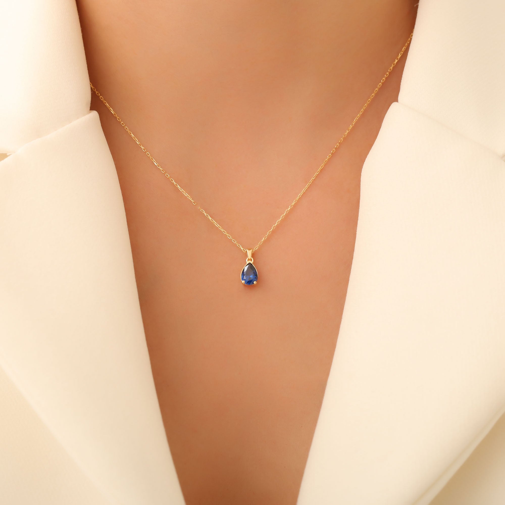 Drop Sapphire Necklace in 14K Solid Gold, September Birthstone Pendant Queen Jewelry Necklace