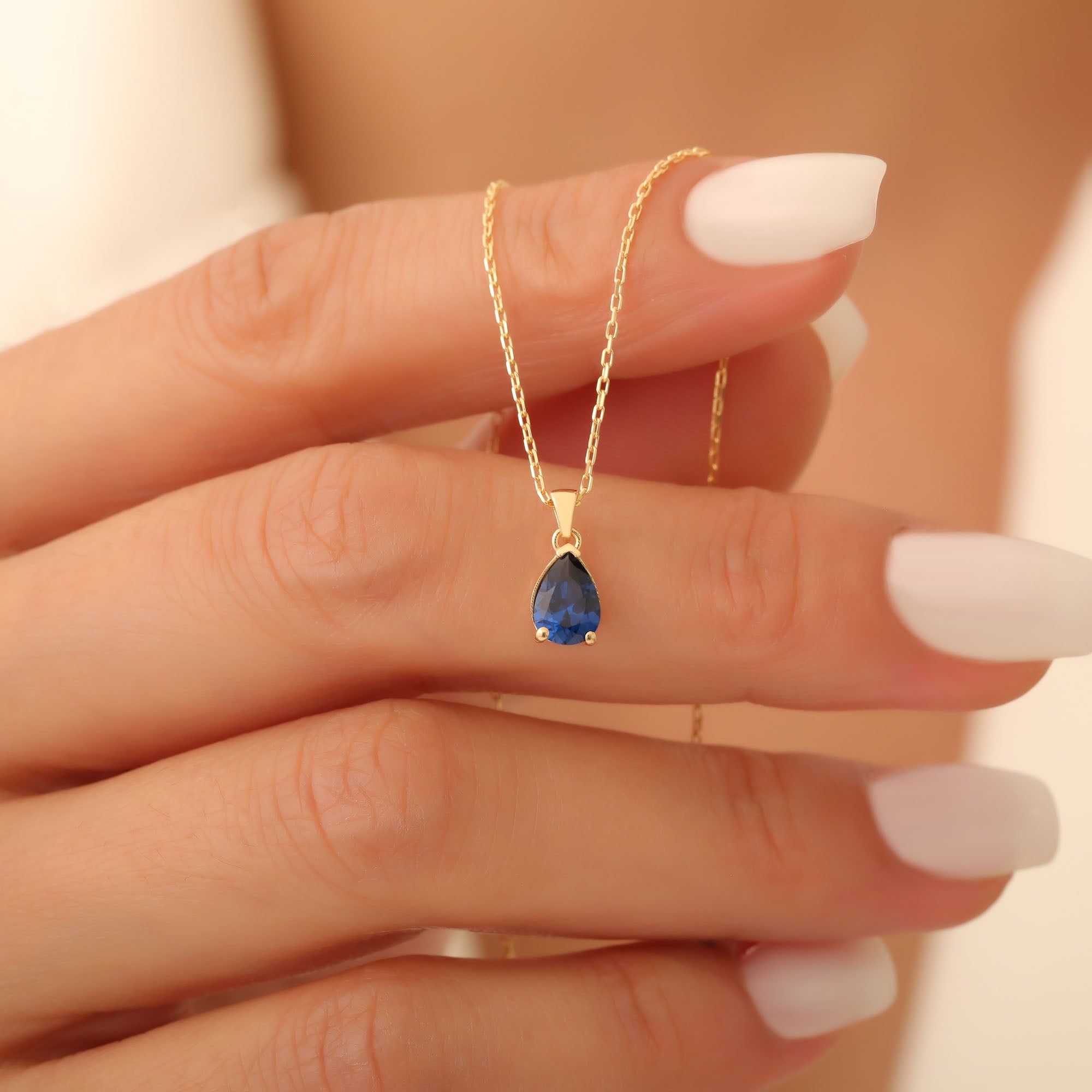 Drop Sapphire Necklace in 14K Solid Gold, September Birthstone Pendant Queen Jewelry Necklace