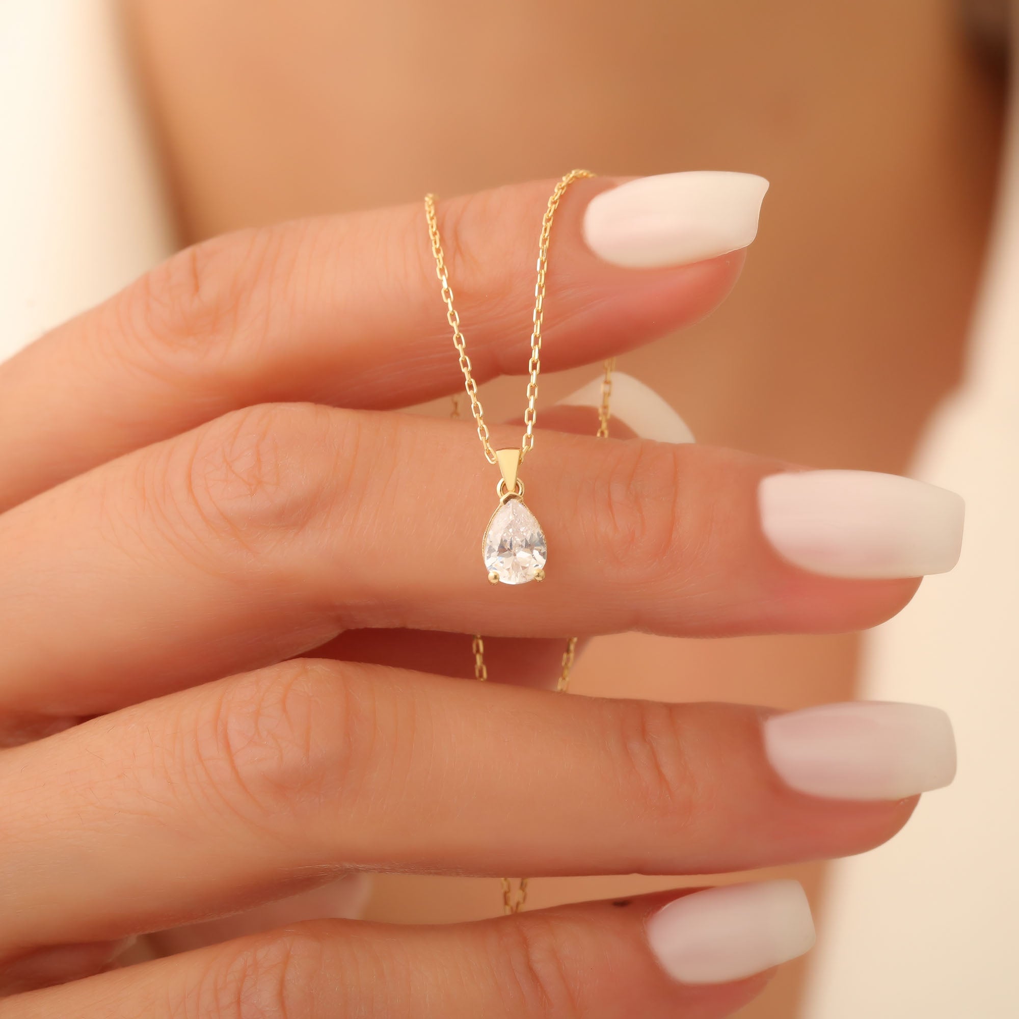 Drop White Topaz Necklace in 14K Solid Gold, April Birthstone Pendant Queen Jewelry Necklace