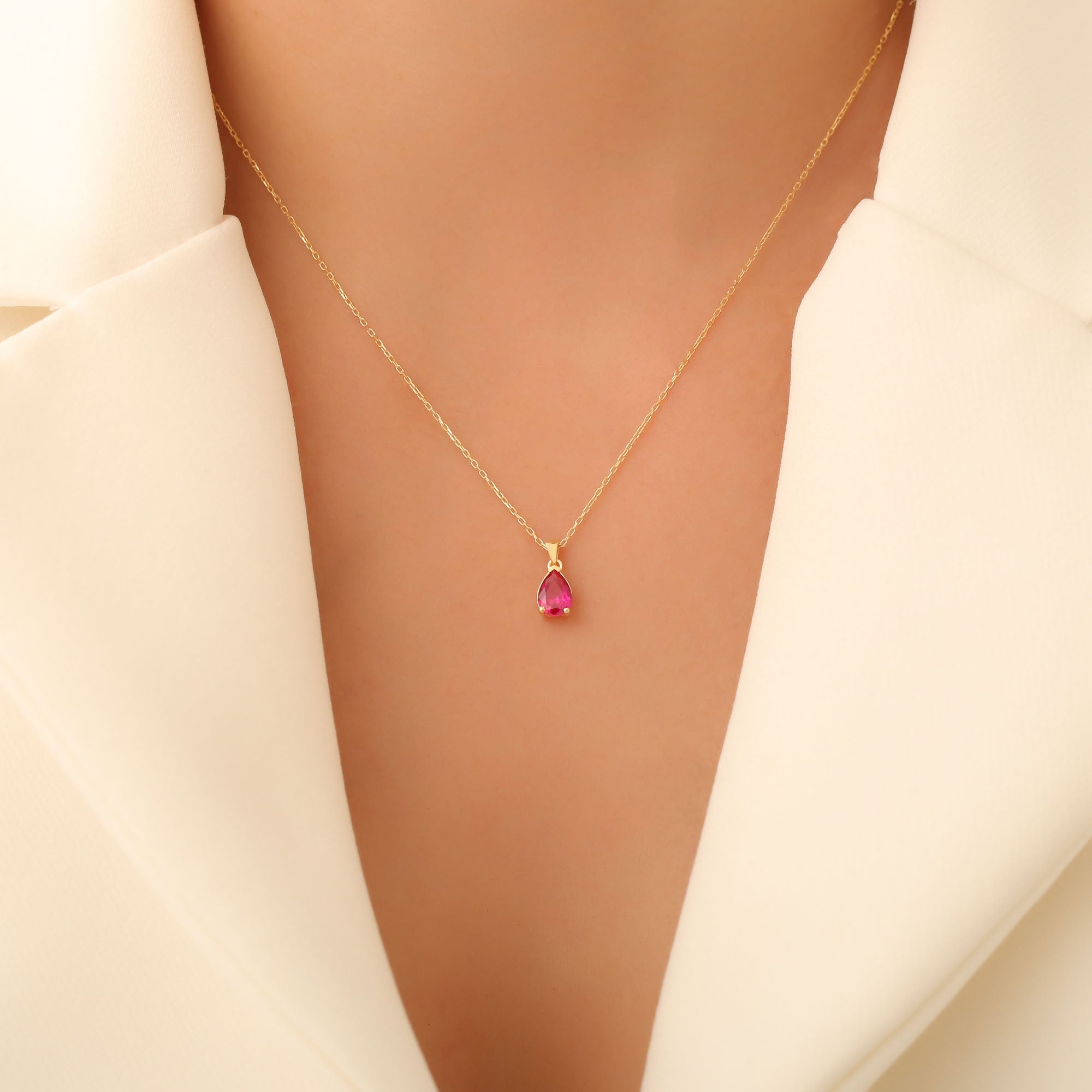 Drop Ruby Necklace in 14K Solid Gold, July Birthstone Pendant Queen Jewelry Necklace
