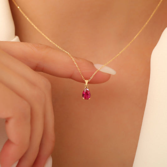 Drop Ruby Necklace in 14K Solid Gold, July Birthstone Pendant Queen Jewelry Necklace