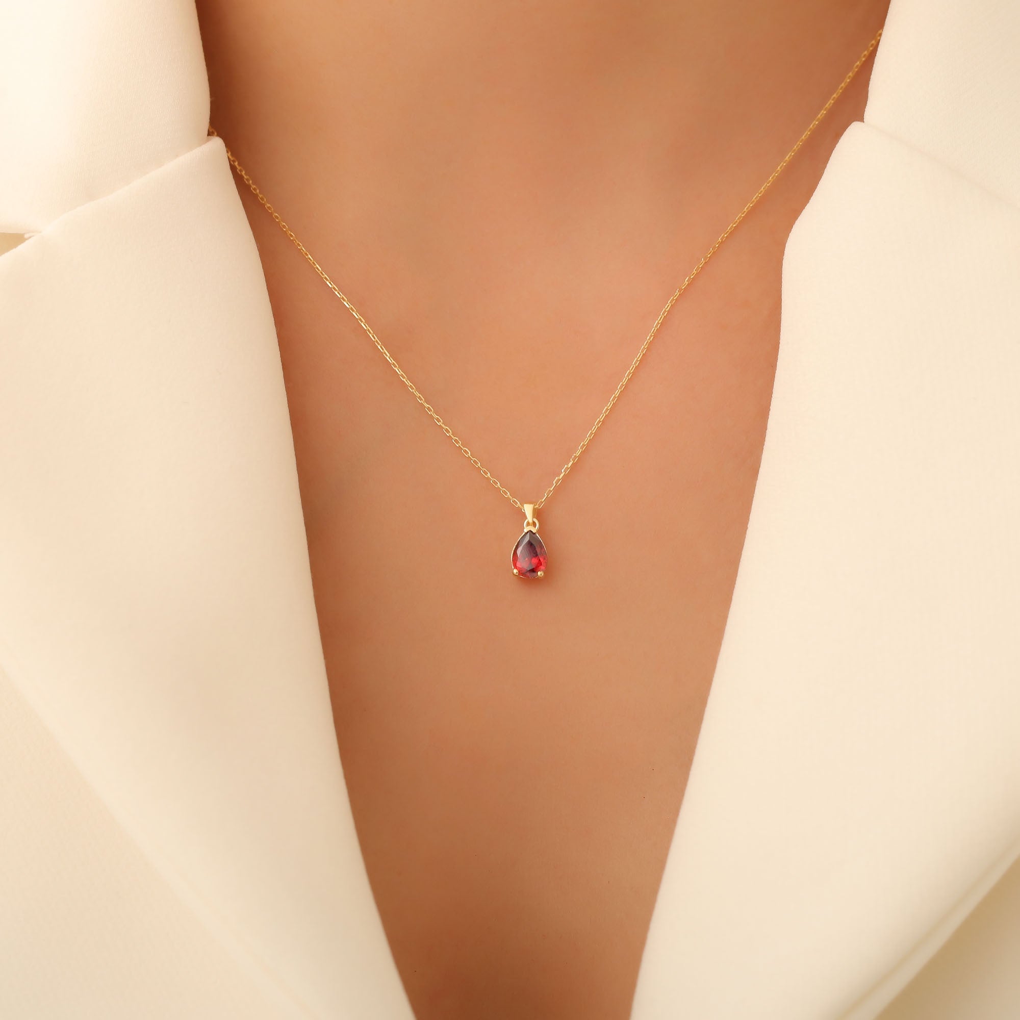 Drop Garnet Necklace in 14K Solid Gold, January Birthstone Pendant Queen Jewelry Necklace