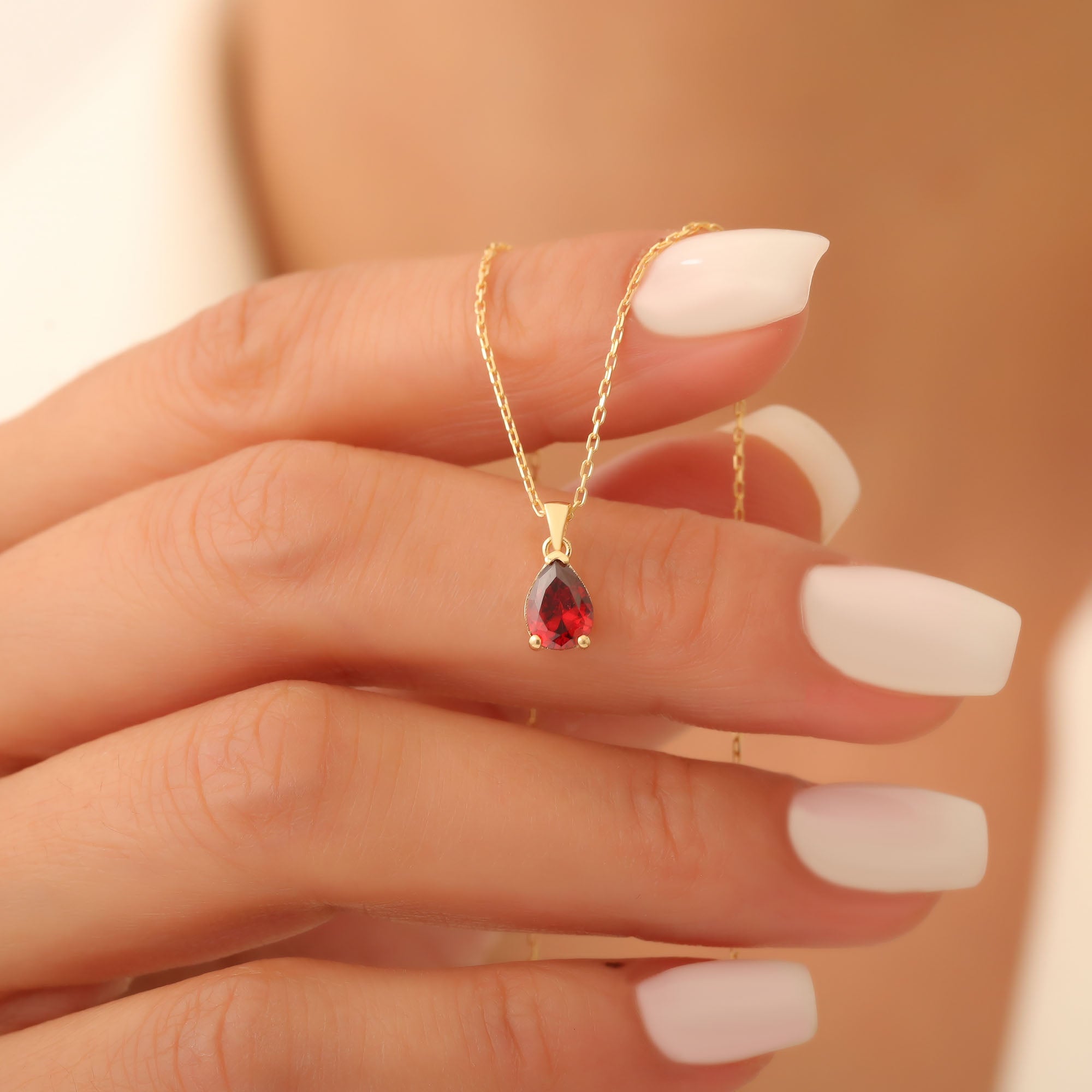 Drop Garnet Necklace in 14K Solid Gold, January Birthstone Pendant Queen Jewelry Necklace