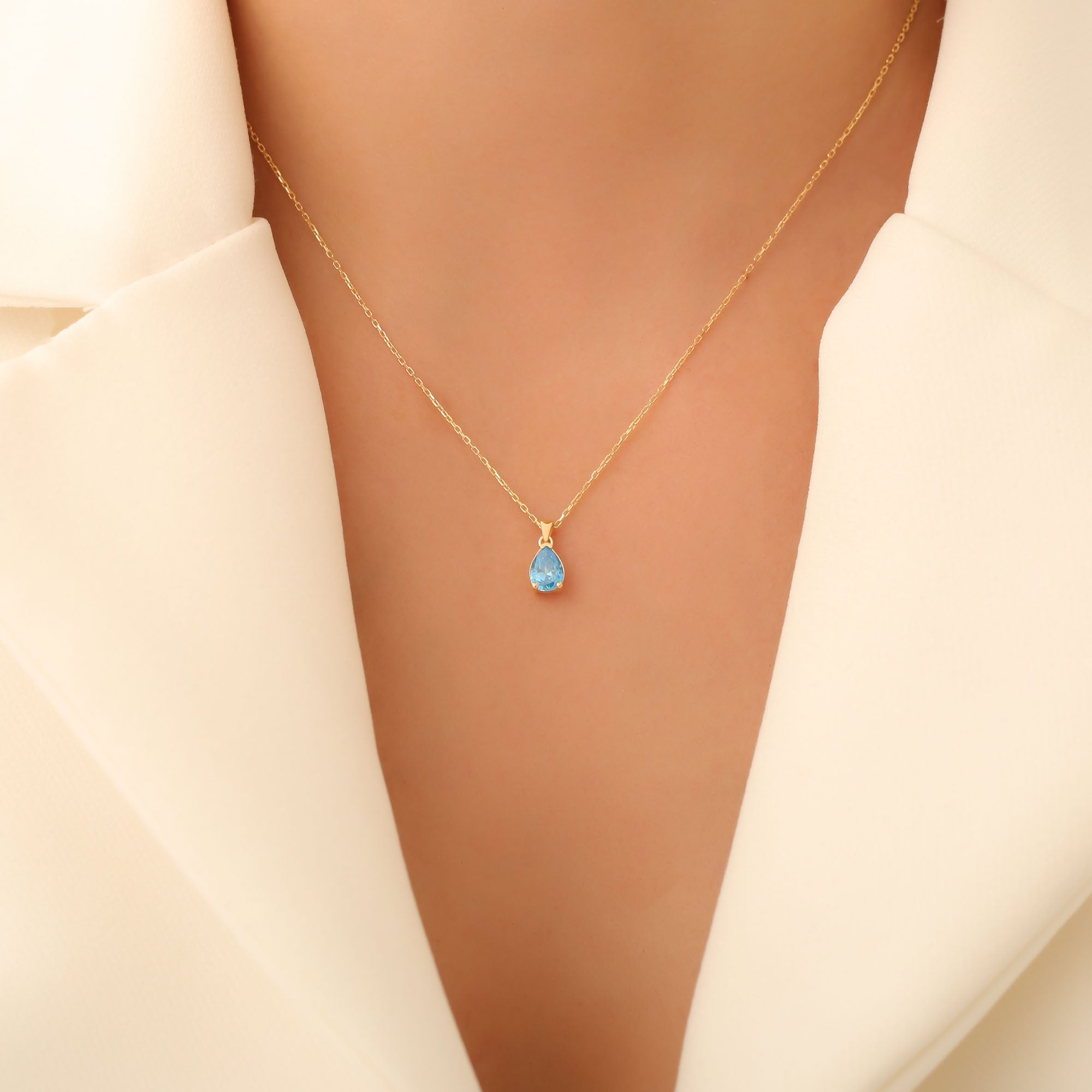 Drop Blue Topaz Necklace in 14K Solid Gold, December Birthstone Pendant Queen Jewelry Necklace