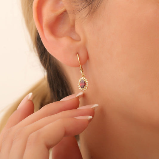 Oval Cut Garnet Dangling Earring Surrounded by Real Diamonds, 8K/10K/14K Solid Gold, January Birthstone