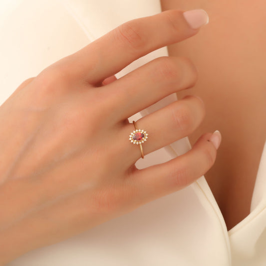 Garnet Oval Ring 8K/10K/14K Solid Gold Surrounded by Real Diamonds, January Birthstone Gift
