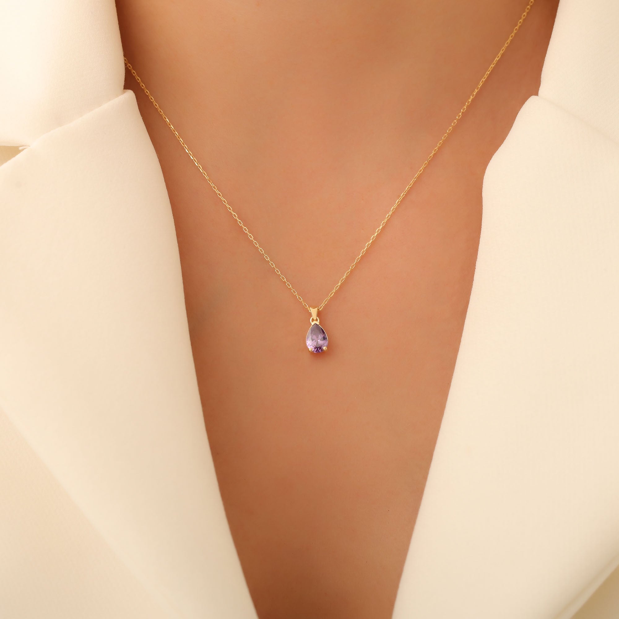 Drop Amethyst Necklace in 14K Solid Gold, February Birthstone Pendant Queen Jewelry Necklace