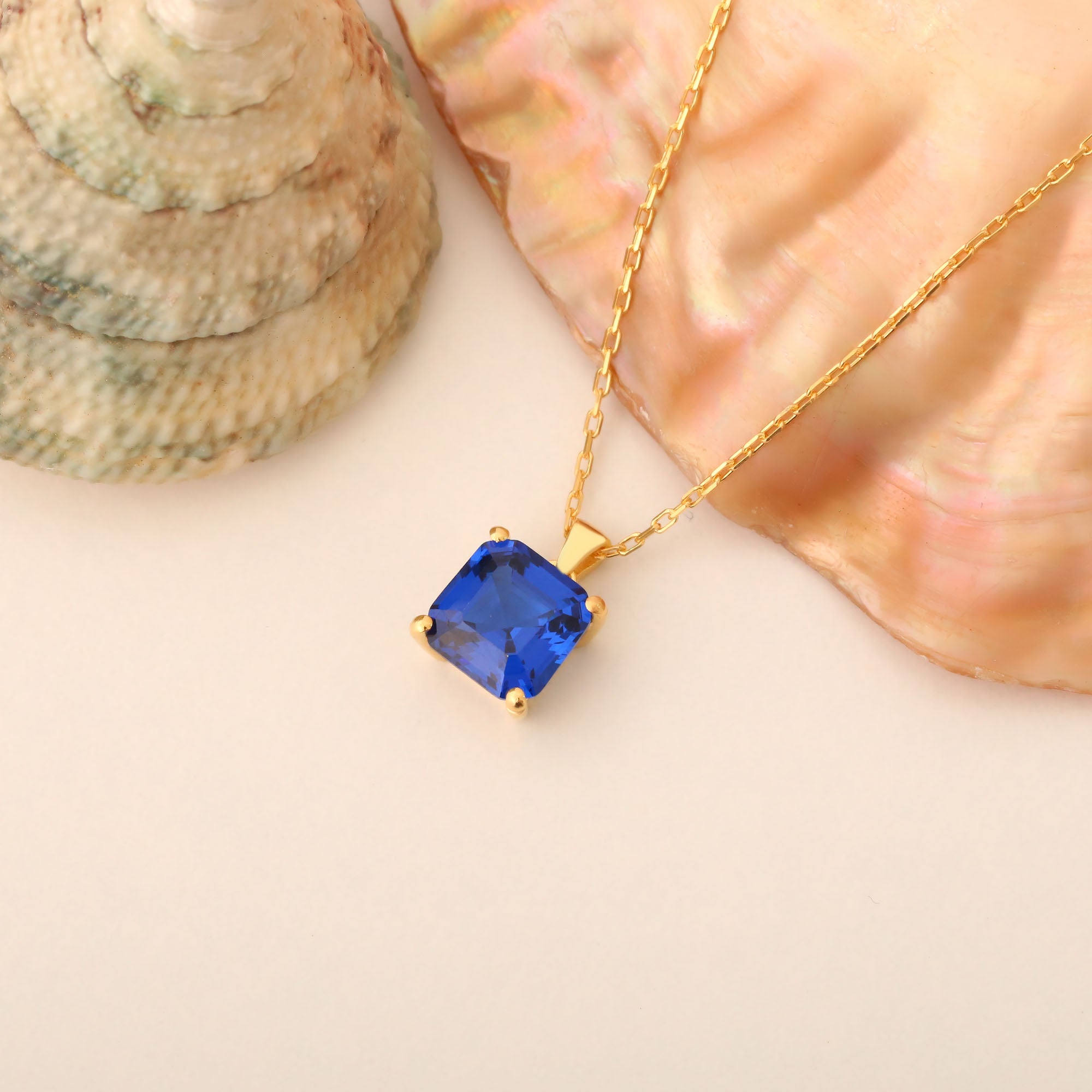 Sapphire Square Necklace in 14K Solid Gold | September Birthstone Pendant Queen Jewelry Necklace
