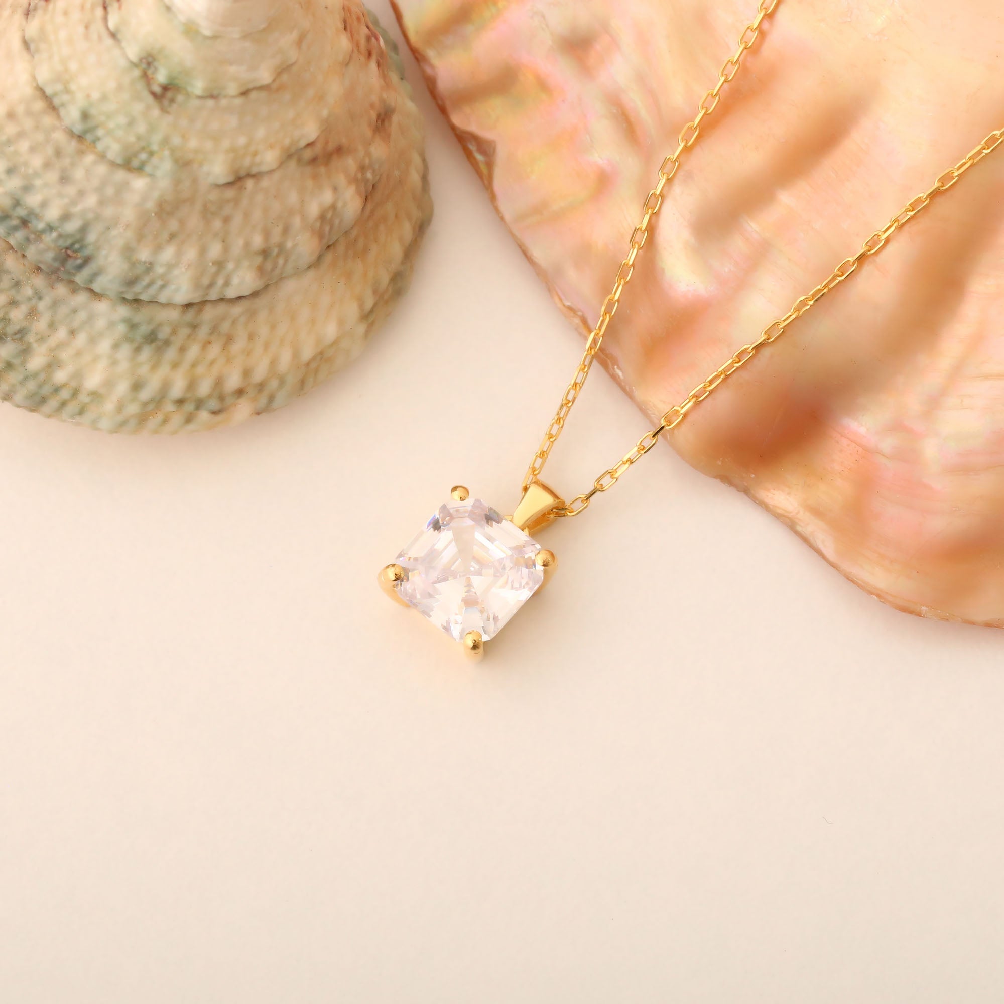 White Topaz Square Necklace in 14K Solid Gold | April Birthstone Pendant Queen Jewelry Necklace