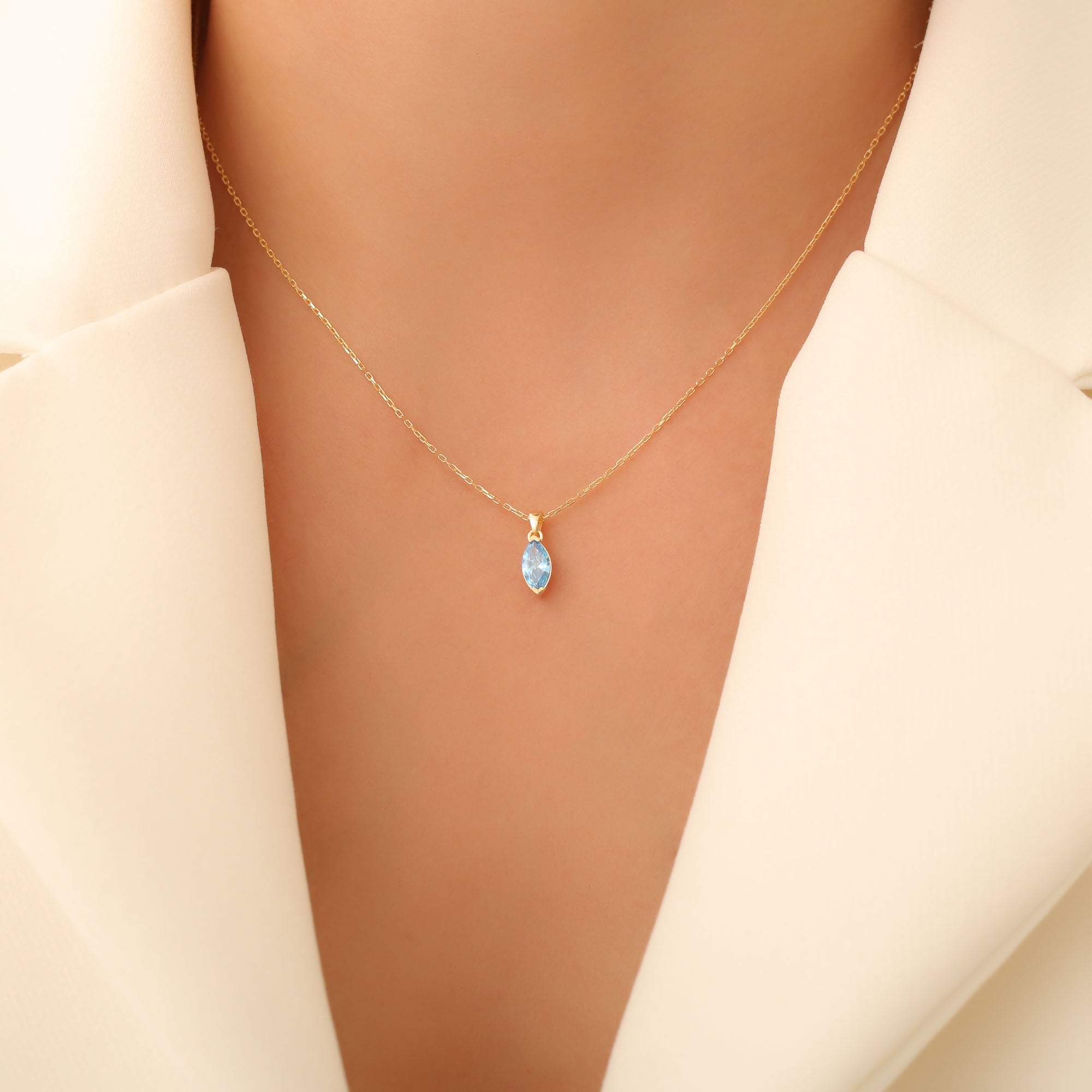 Blue Topaz Marquise Necklace in 14K Solid Gold | December Birthstone Pendant Queen Jewelry Necklace