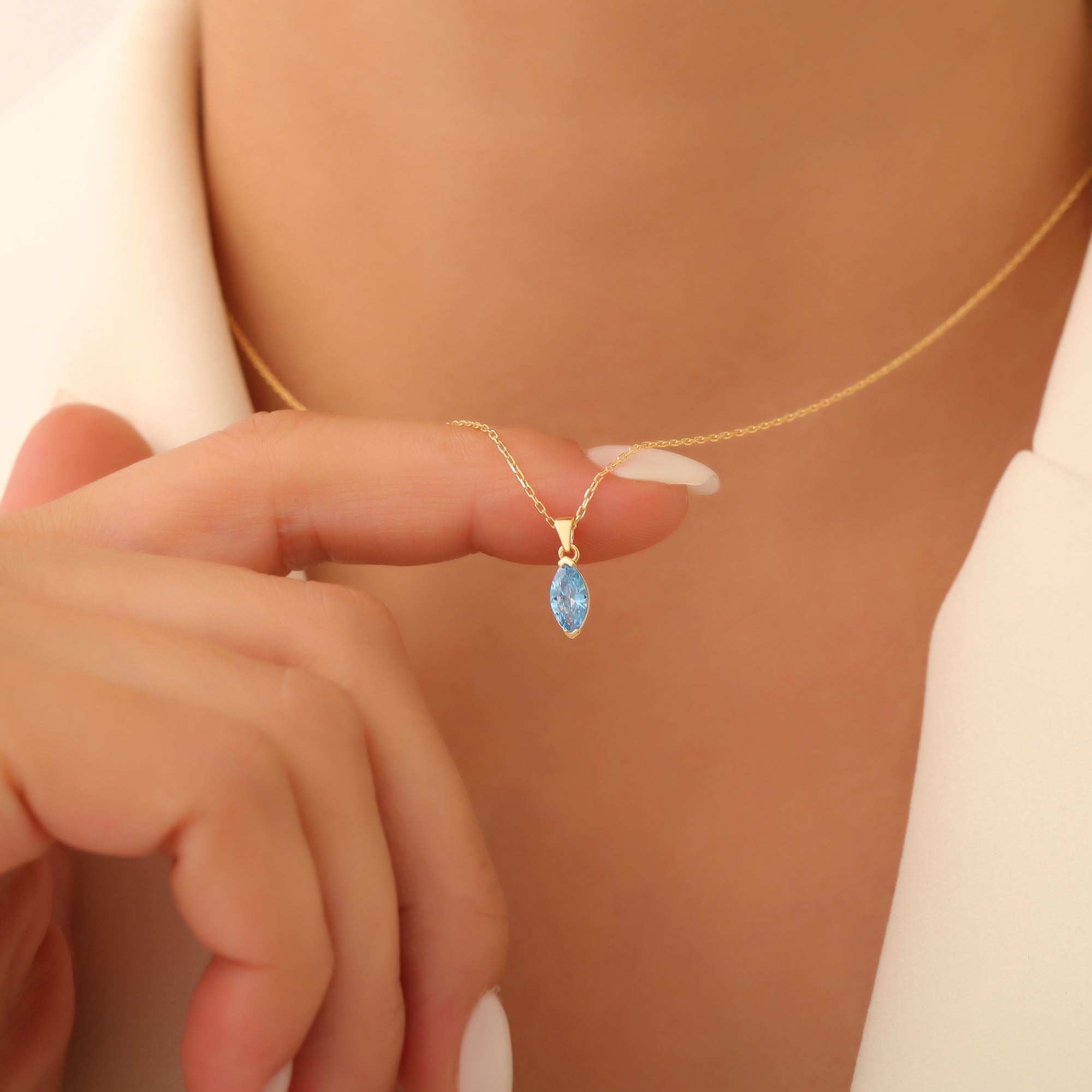 Blue Topaz Marquise Necklace in 14K Solid Gold | December Birthstone Pendant Queen Jewelry Necklace